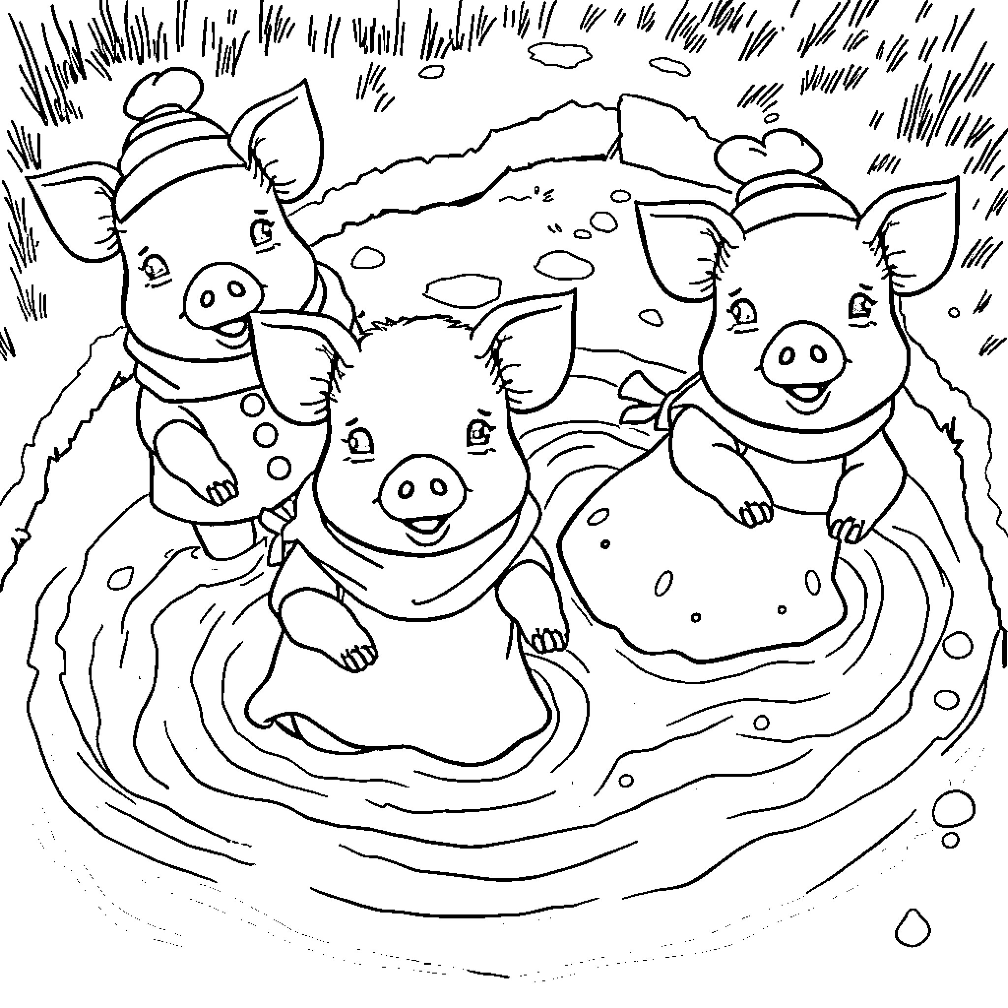 Pigs playing in a muddy puddle Coloring Page (free black-and-white line drawing printable PDF for all, from beginners to advanced learners, including children, teens, adults, and seniors)