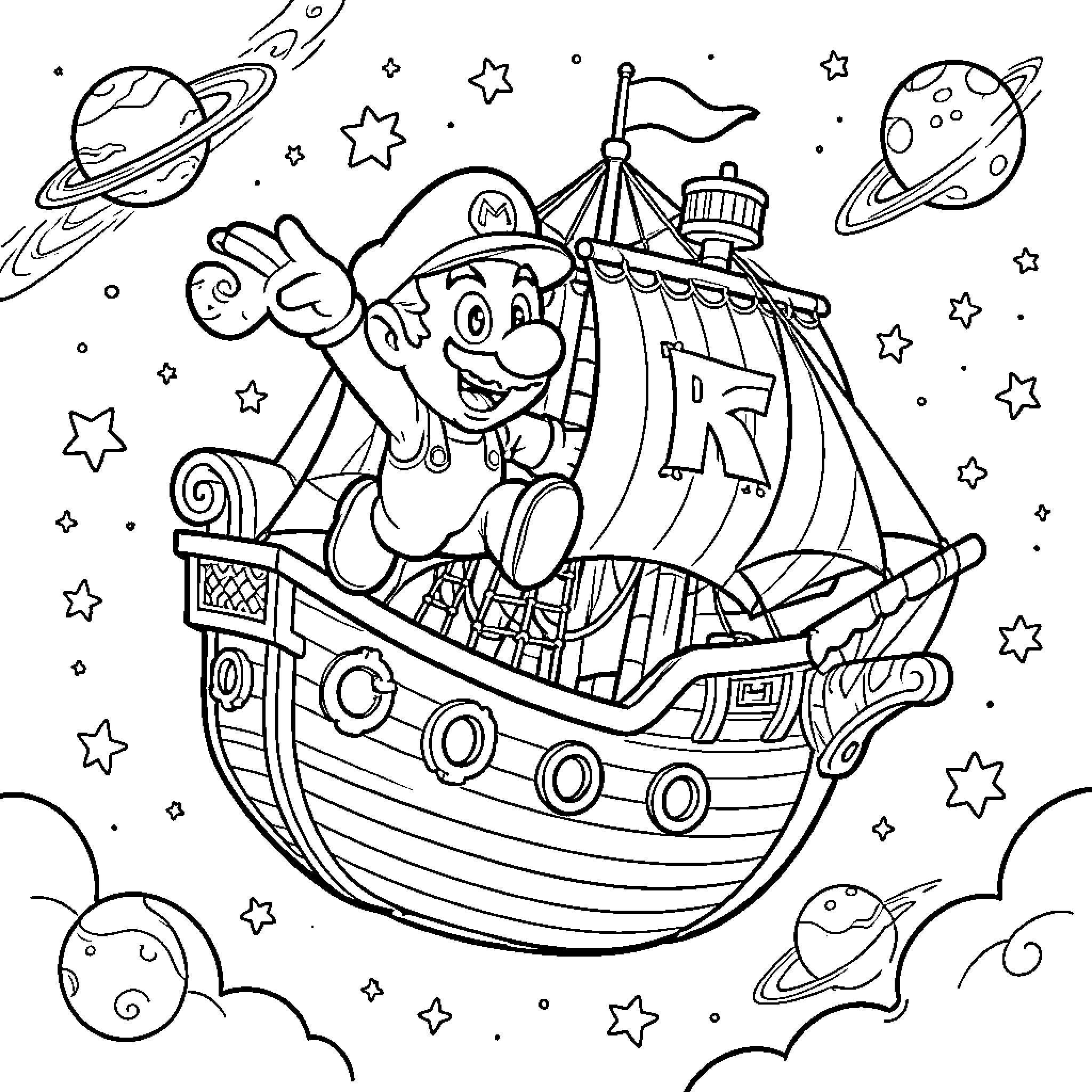 Mario's Cosmic Adventure on a Pirate Ship Coloring Page (free black-and-white line drawing printable PDF for all, from beginners to advanced learners, including children, teens, adults, and seniors)