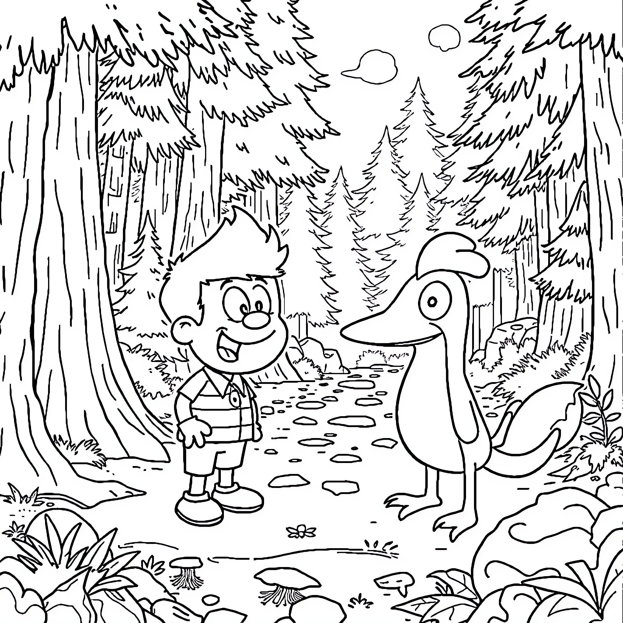 Bill's Lively Adventure with Friendly Creature in the Woods Coloring Page (free black-and-white line drawing printable PDF for all, from beginners to advanced learners, including children, teens, adults, and seniors)