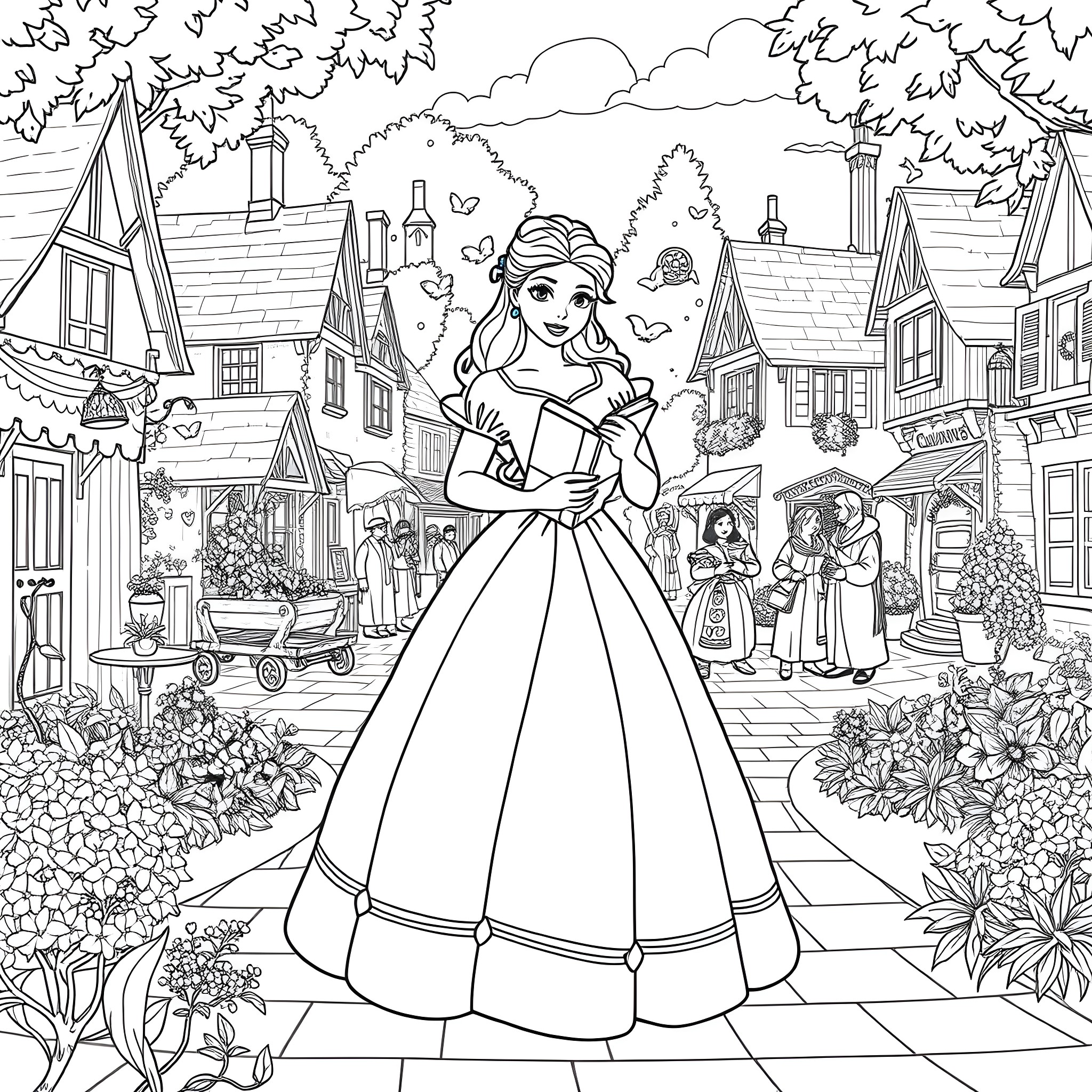 Belle's Enchanting Town Adventure Coloring Page (free black-and-white line drawing printable PDF for all, from beginners to advanced learners, including children, teens, adults, and seniors)