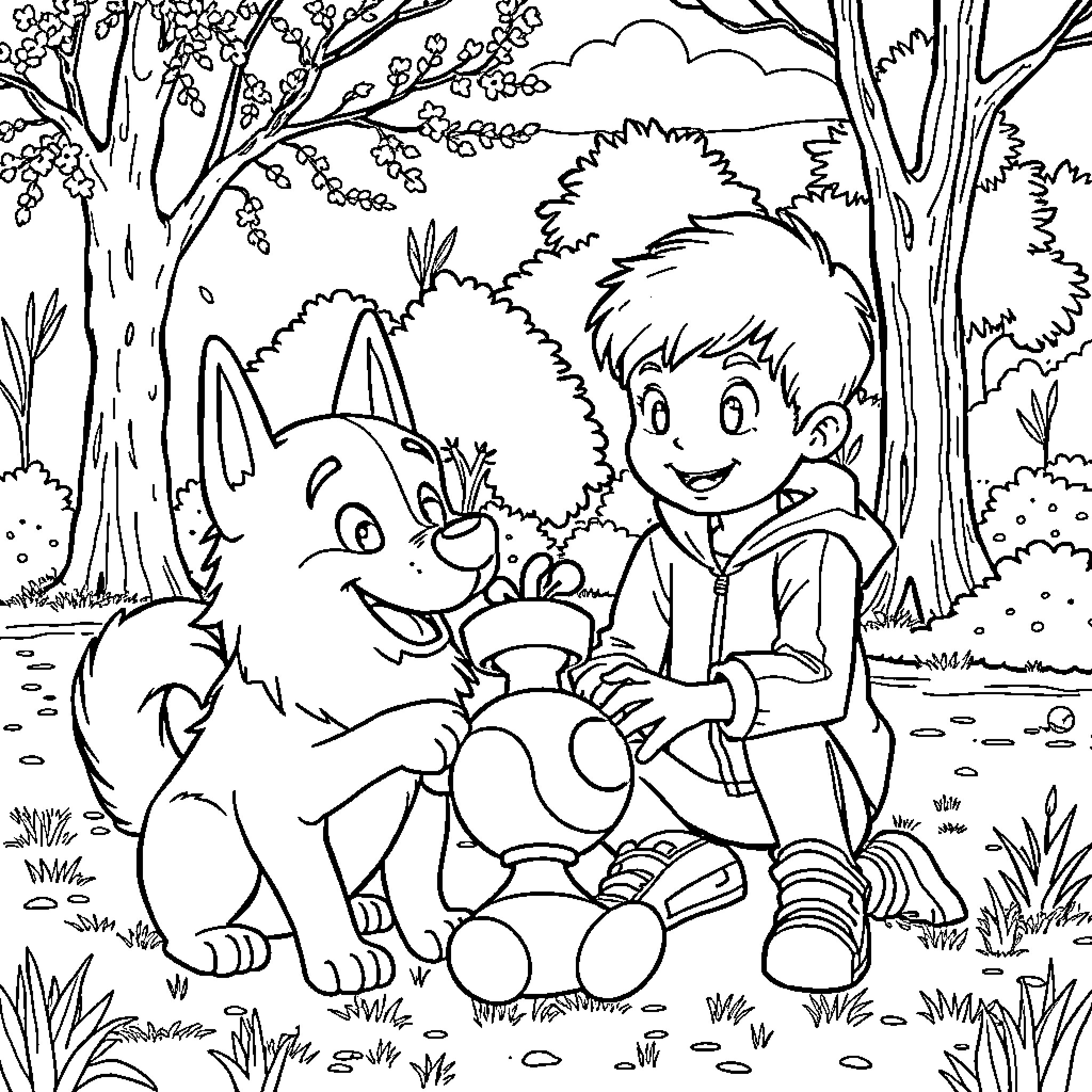 Tyler and his furry friend explore the forest Coloring Page (free black-and-white line drawing printable PDF for all, from beginners to advanced learners, including children, teens, adults, and seniors)