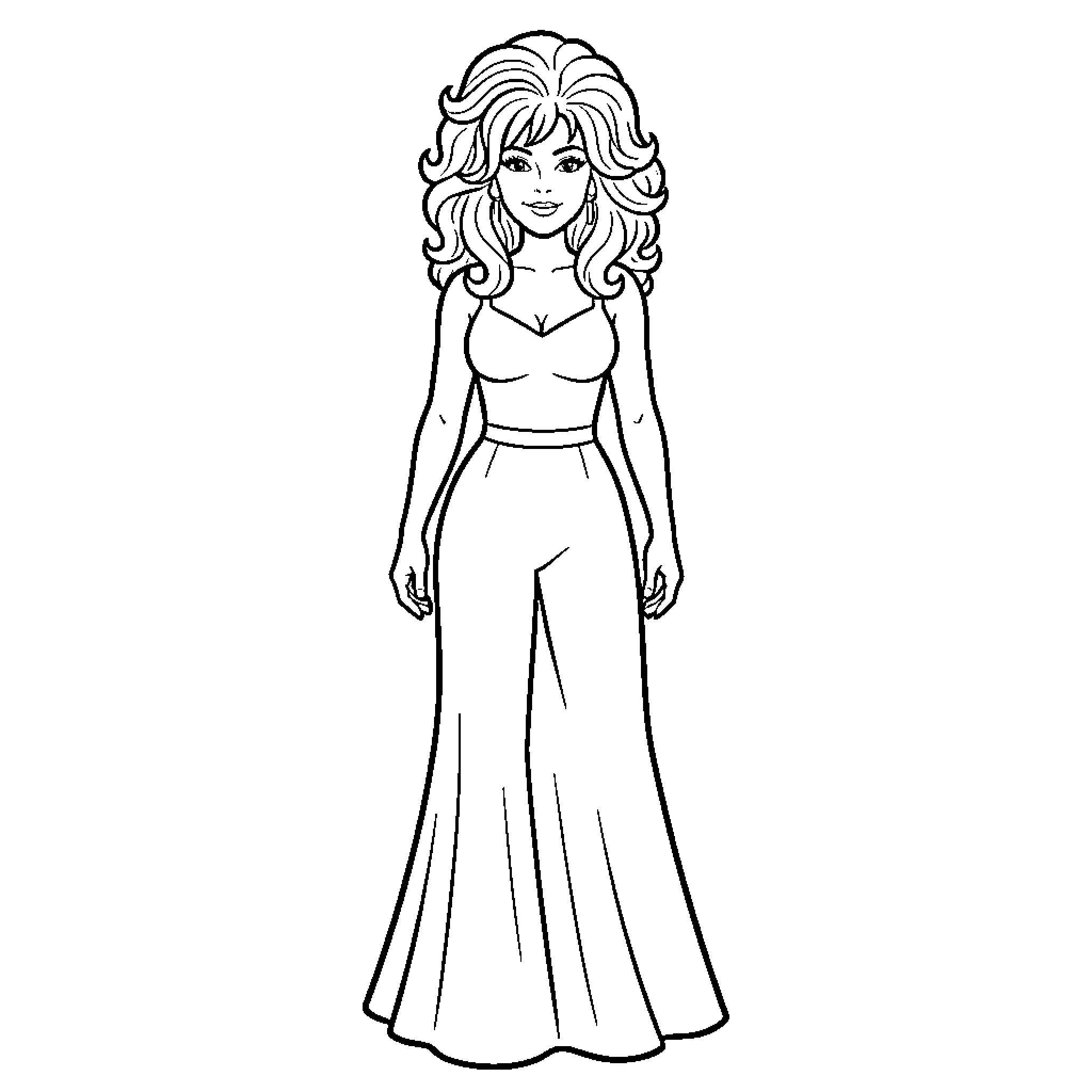 Woman in elegant formal gown posing gracefully Coloring Page (free black-and-white line drawing printable PDF for all, from beginners to advanced learners, including children, teens, adults, and seniors)