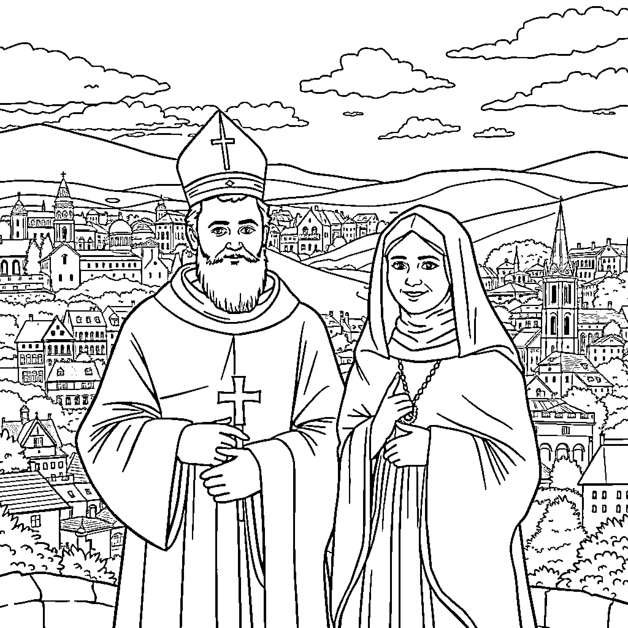 Saint and Maiden Overlooking Cityscape Coloring Page (free black-and-white line drawing printable PDF for all, from beginners to advanced learners, including children, teens, adults, and seniors)