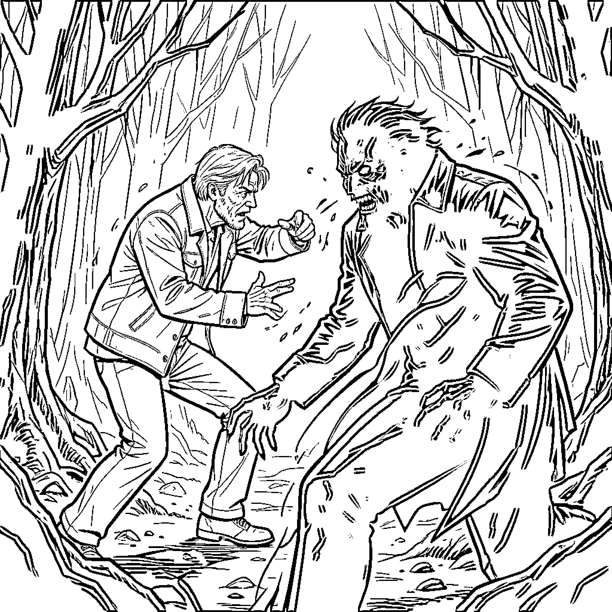 Alan Wake confronting a terrifying creature in the woods Coloring Page (free black-and-white line drawing printable PDF for all, from beginners to advanced learners, including children, teens, adults, and seniors)