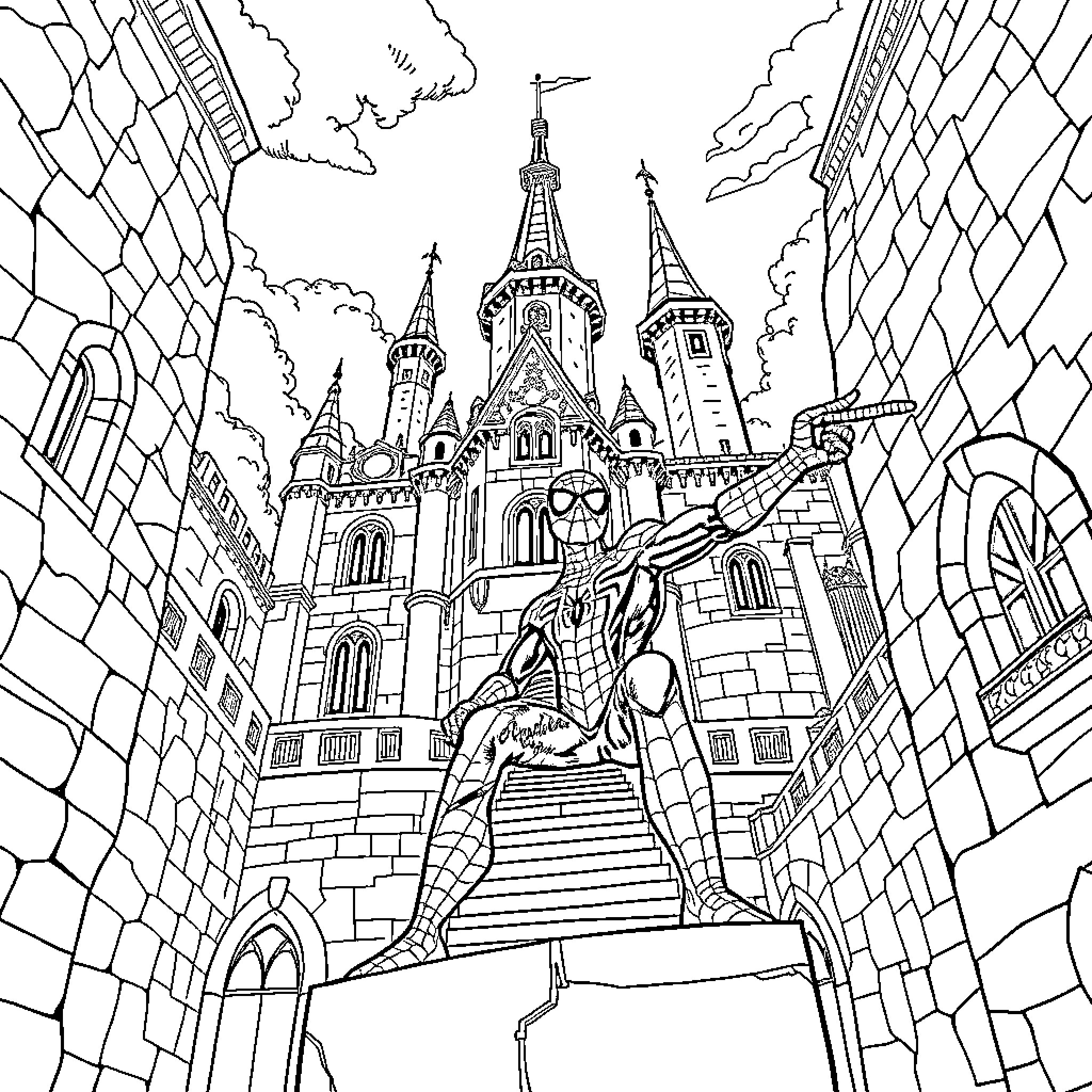 Spiderman scaling a majestic castle Coloring Page (free black-and-white line drawing printable PDF for all, from beginners to advanced learners, including children, teens, adults, and seniors)
