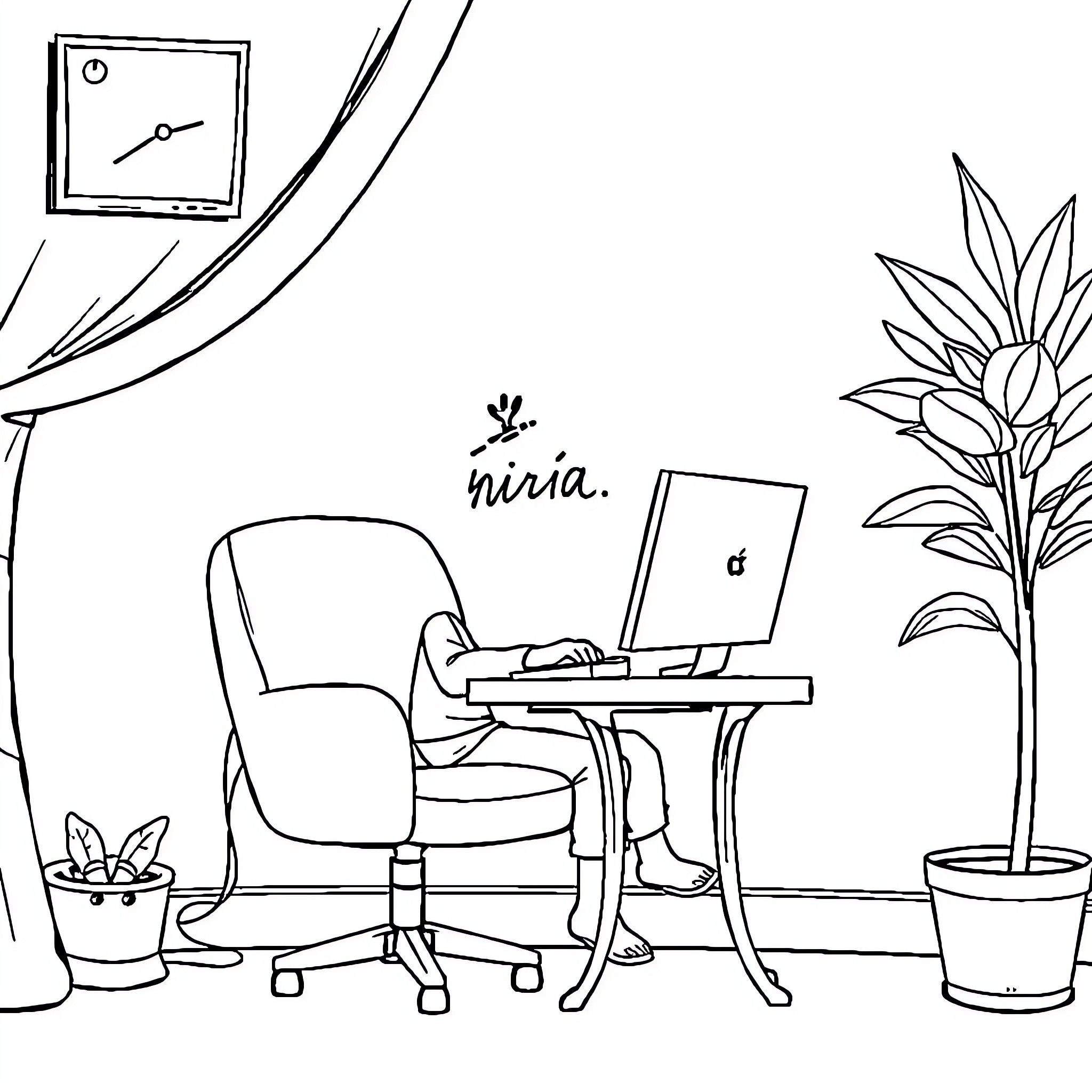 Girl working intently at computer in cozy office Coloring Page (free black-and-white line drawing printable PDF for all, from beginners to advanced learners, including children, teens, adults, and seniors)