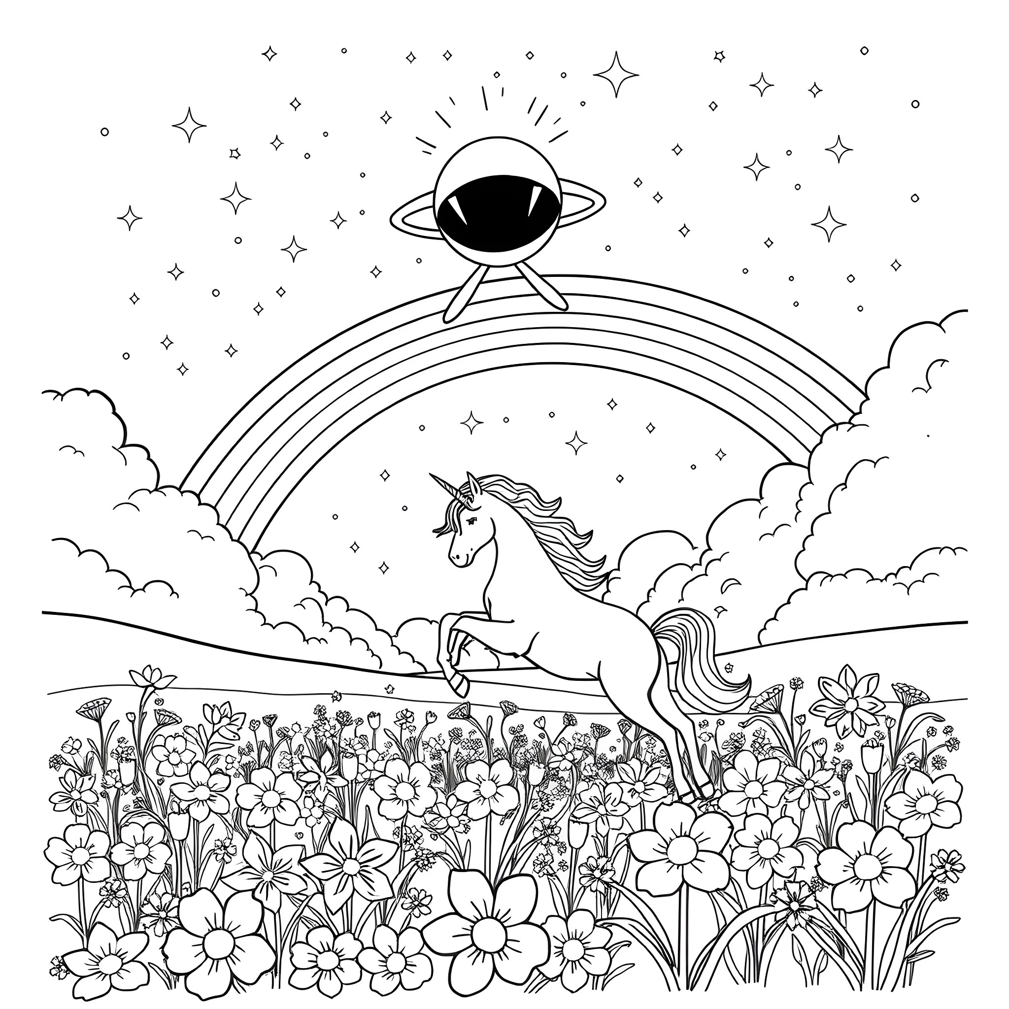 Alien Unicorn in a Magical Floral Landscape Coloring Page (free black-and-white line drawing printable PDF for all, from beginners to advanced learners, including children, teens, adults, and seniors)