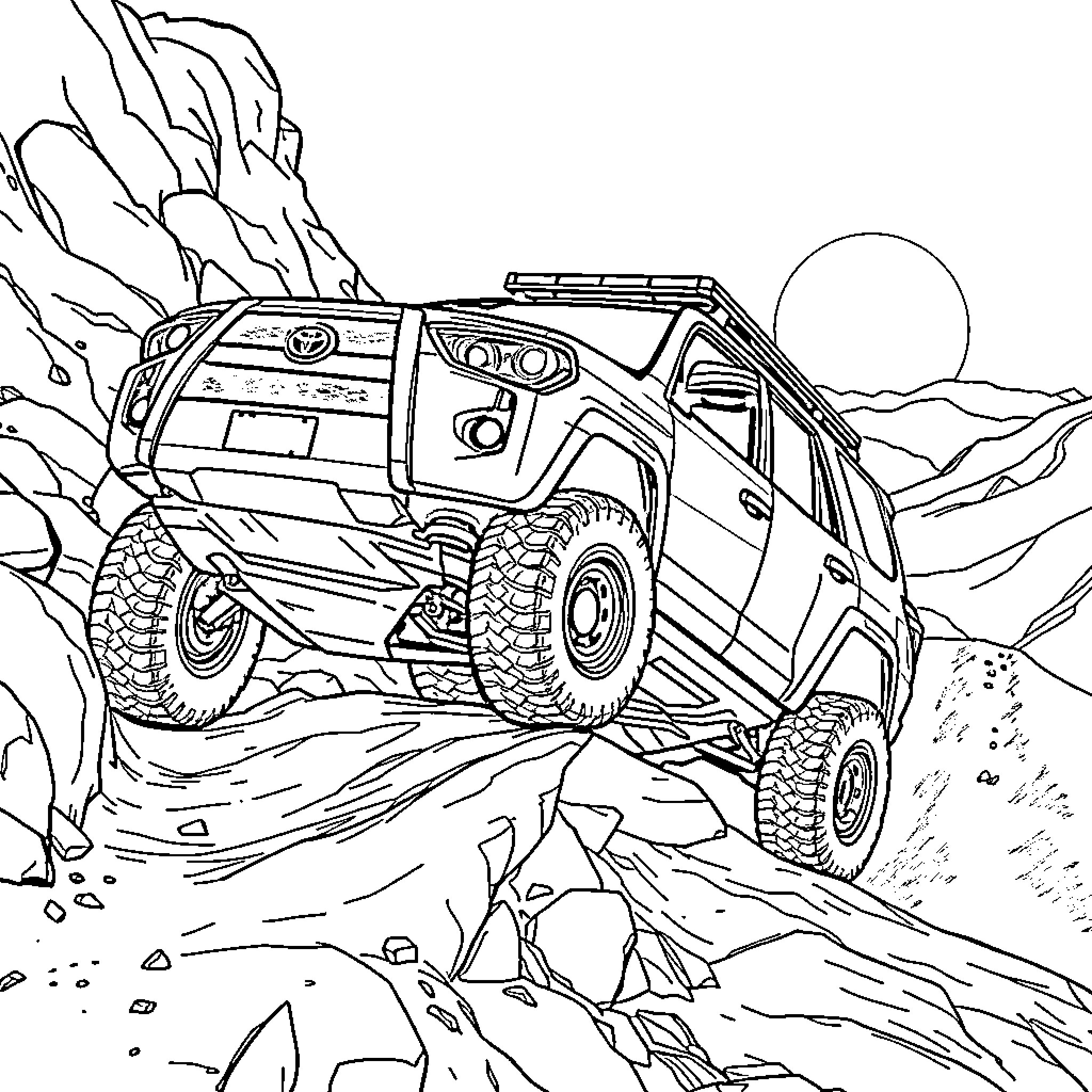 4runner off-road adventure in rocky terrain Coloring Page (free black-and-white line drawing printable PDF for all, from beginners to advanced learners, including children, teens, adults, and seniors)