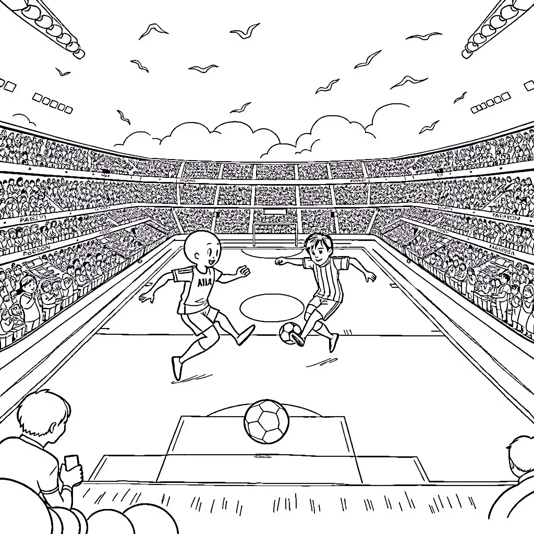 Bluey's Soccer Match at the Stadium Coloring Page (free black-and-white line drawing printable PDF for all, from beginners to advanced learners, including children, teens, adults, and seniors)