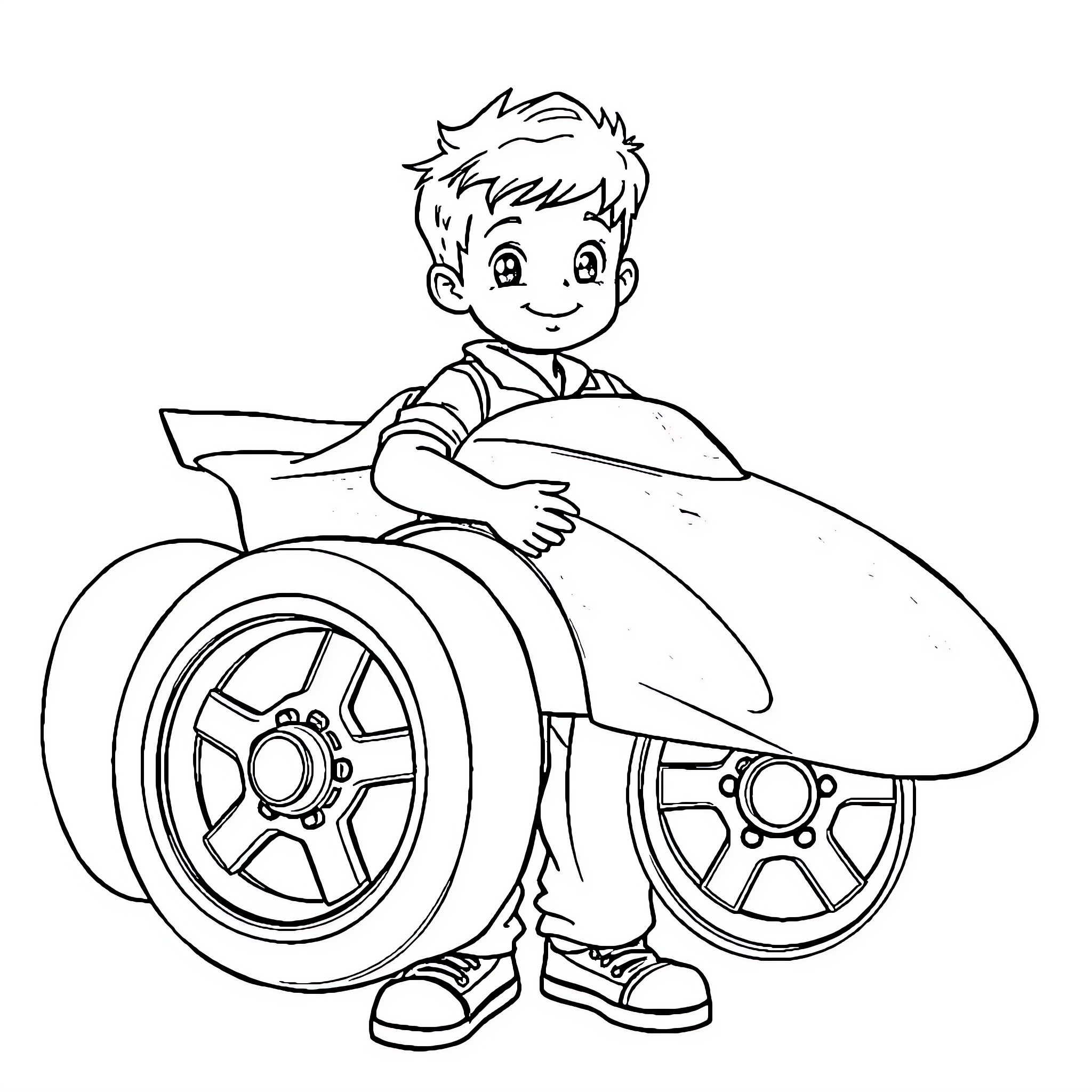 Boy playing with toy car wheels Coloring Page (free black-and-white line drawing printable PDF for all, from beginners to advanced learners, including children, teens, adults, and seniors)