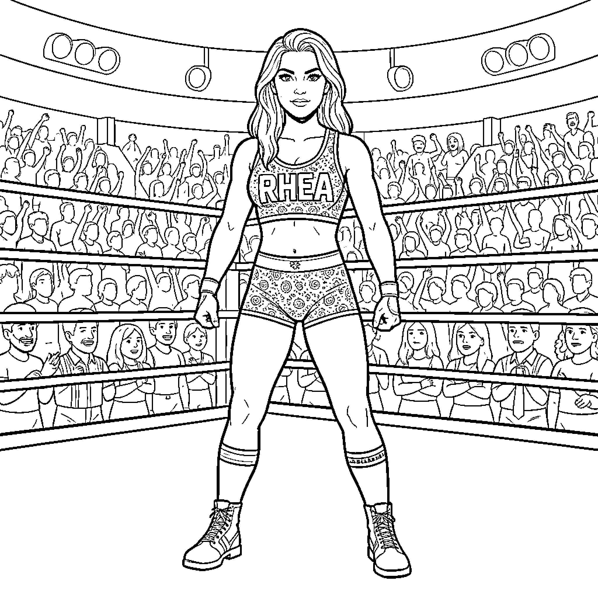Rhea Ripley standing confidently in a wrestling ring Coloring Page (free black-and-white line drawing printable PDF for all, from beginners to advanced learners, including children, teens, adults, and seniors)