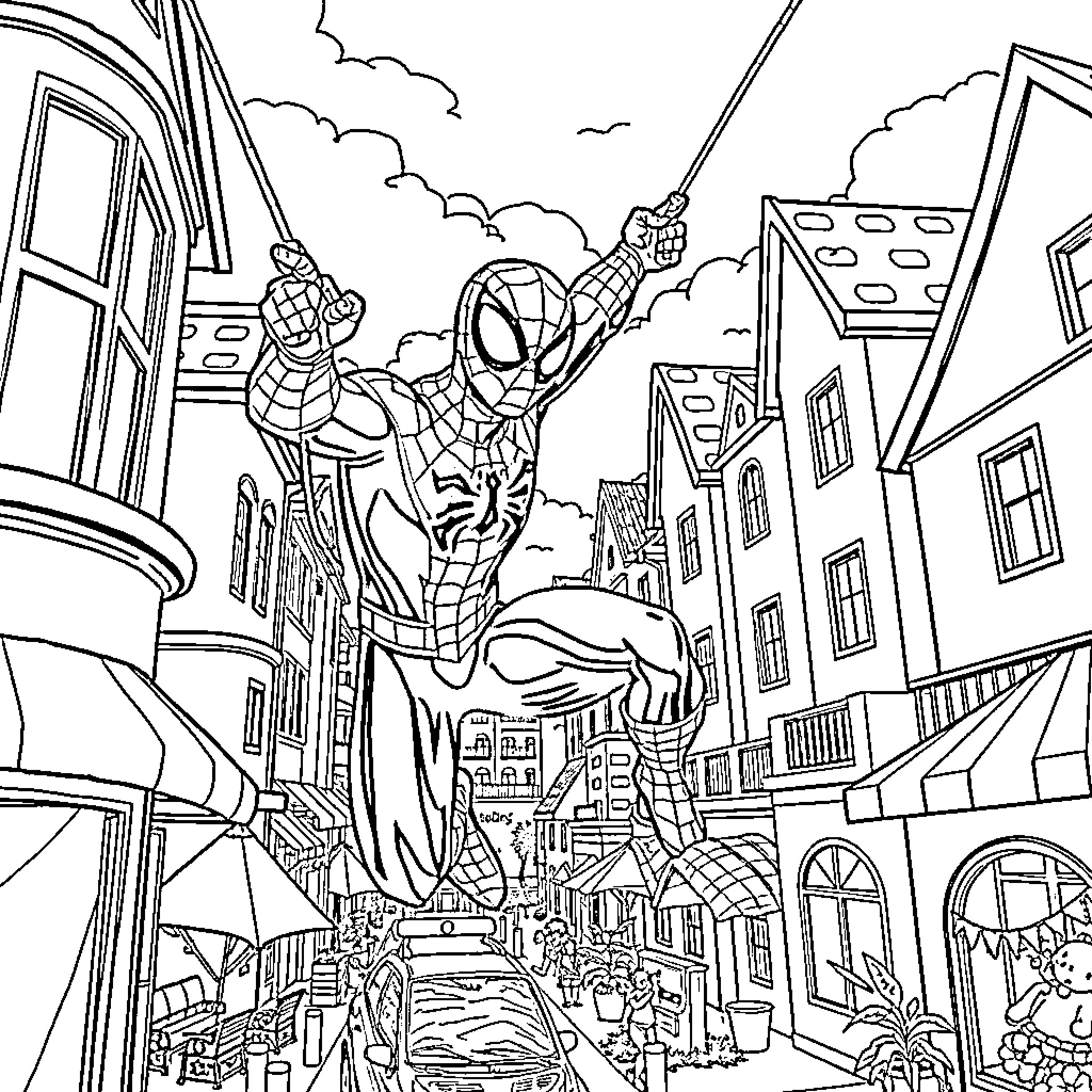 Spiderman swinging through a busy city Coloring Page (free black-and-white line drawing printable PDF for all, from beginners to advanced learners, including children, teens, adults, and seniors)