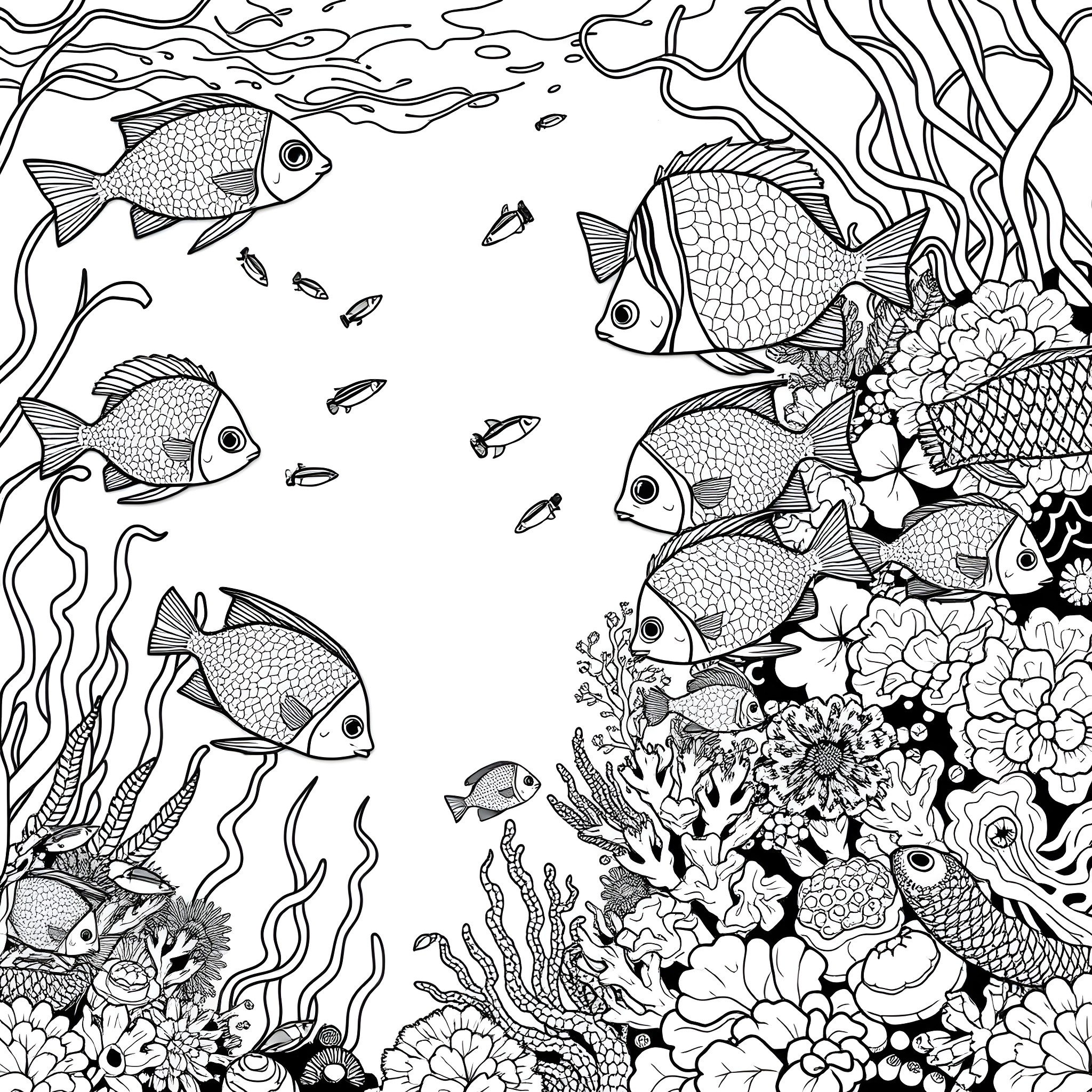 Fish swimming amidst underwater flora and fauna Coloring Page (free black-and-white line drawing printable PDF for all, from beginners to advanced learners, including children, teens, adults, and seniors)
