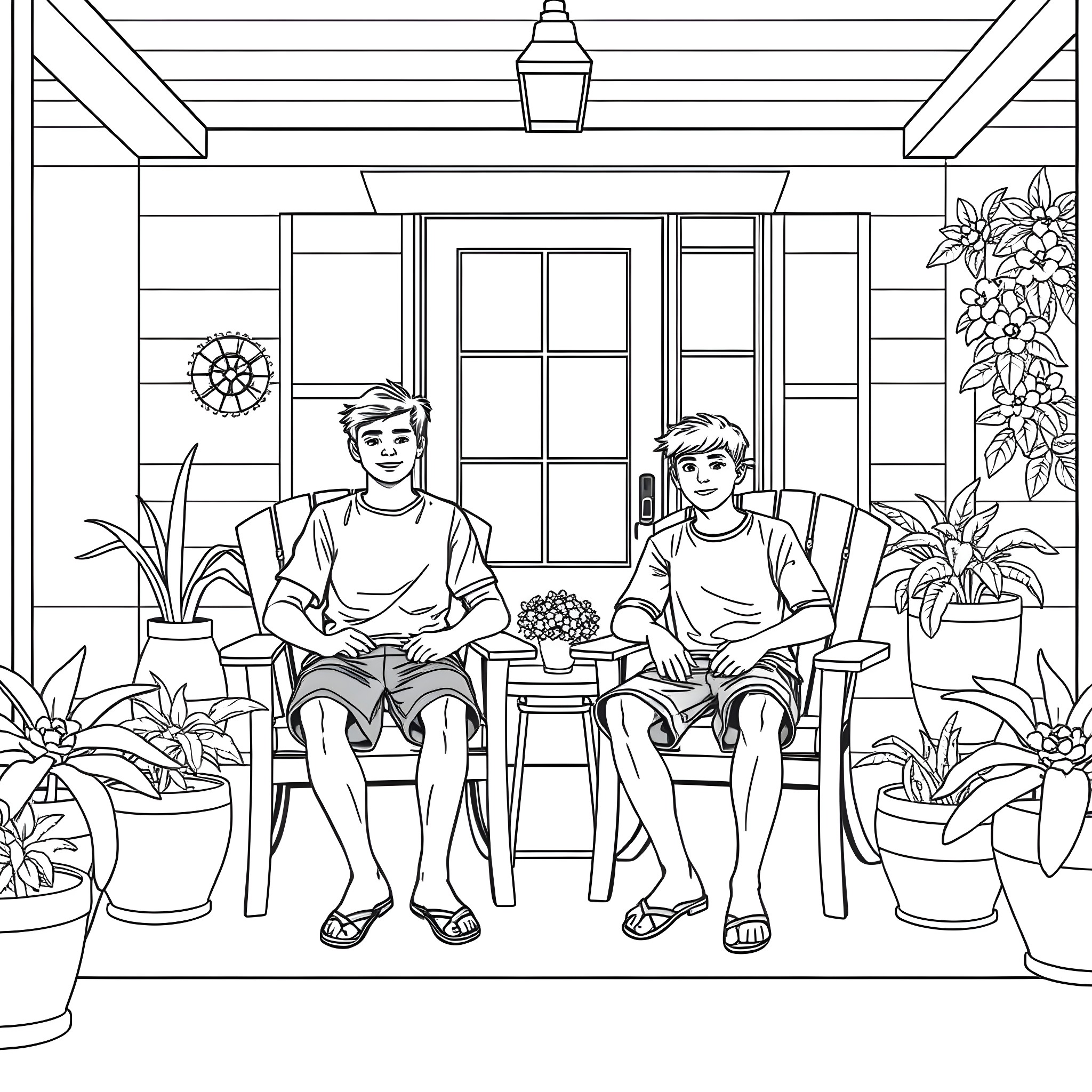 Teen Guys Relaxing on Porch Coloring Page (free black-and-white line drawing printable PDF for all, from beginners to advanced learners, including children, teens, adults, and seniors)