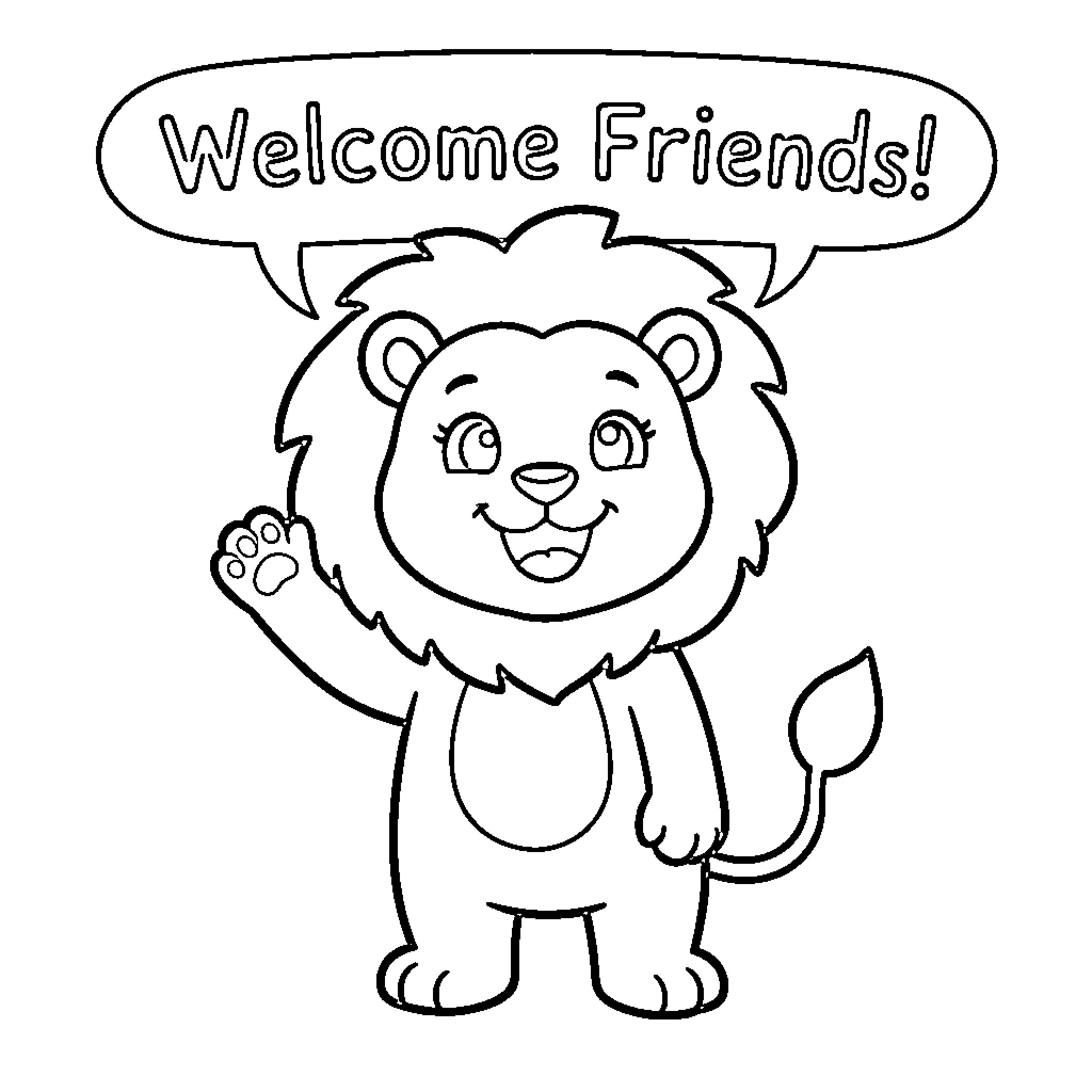 Lion waving a paw and saying welcome to friends Coloring Page (free black-and-white line drawing printable PDF for all, from beginners to advanced learners, including children, teens, adults, and seniors)
