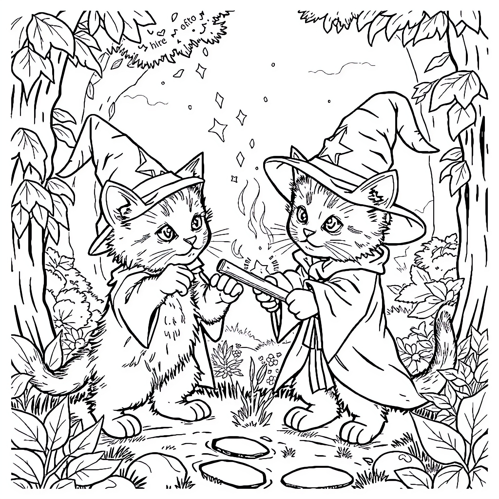 Kittens Exploring the Enchanted Forest Coloring Page (free black-and-white line drawing printable PDF for all, from beginners to advanced learners, including children, teens, adults, and seniors)