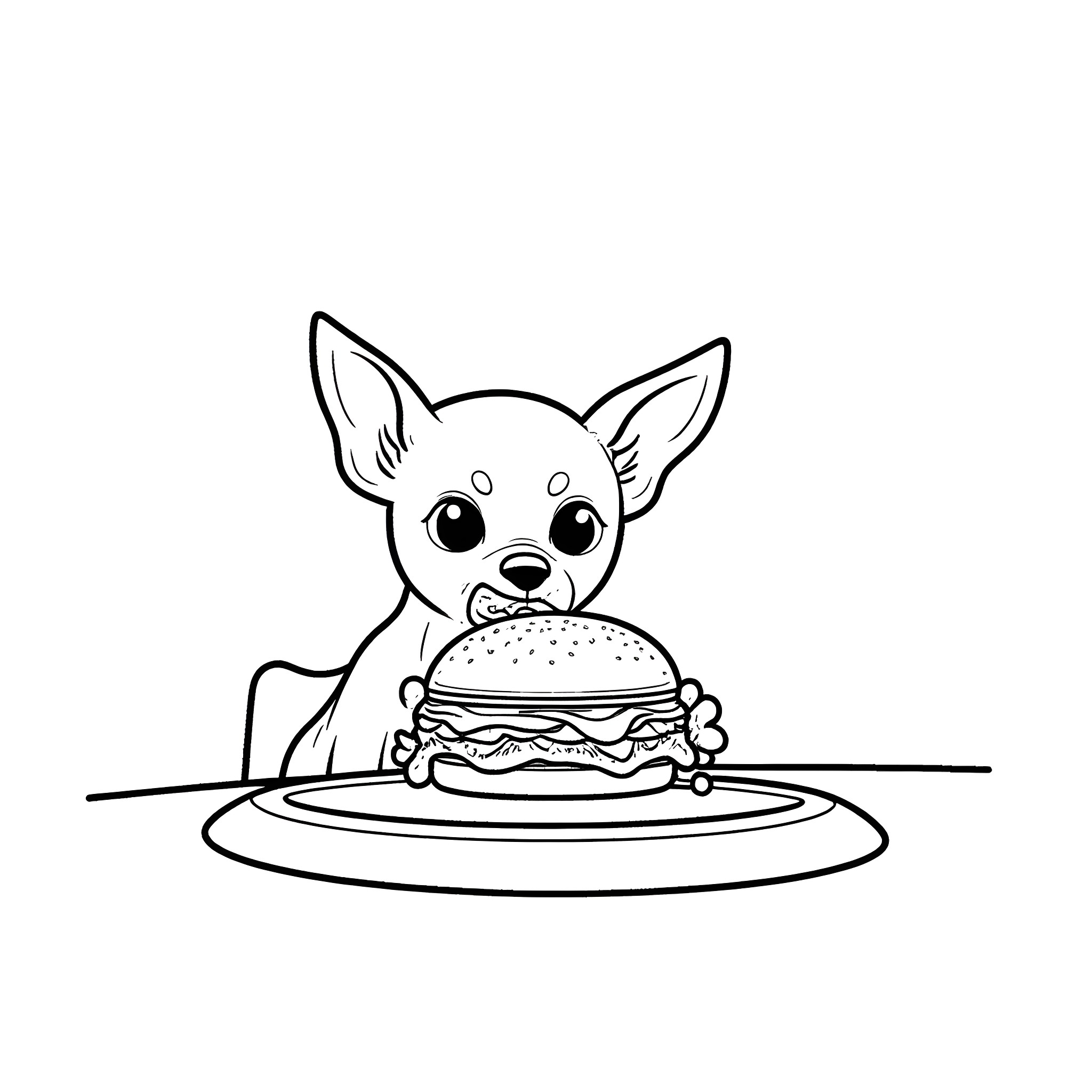 Chihuahua eating a tasty hamburger Coloring Page (free black-and-white line drawing printable PDF for all, from beginners to advanced learners, including children, teens, adults, and seniors)