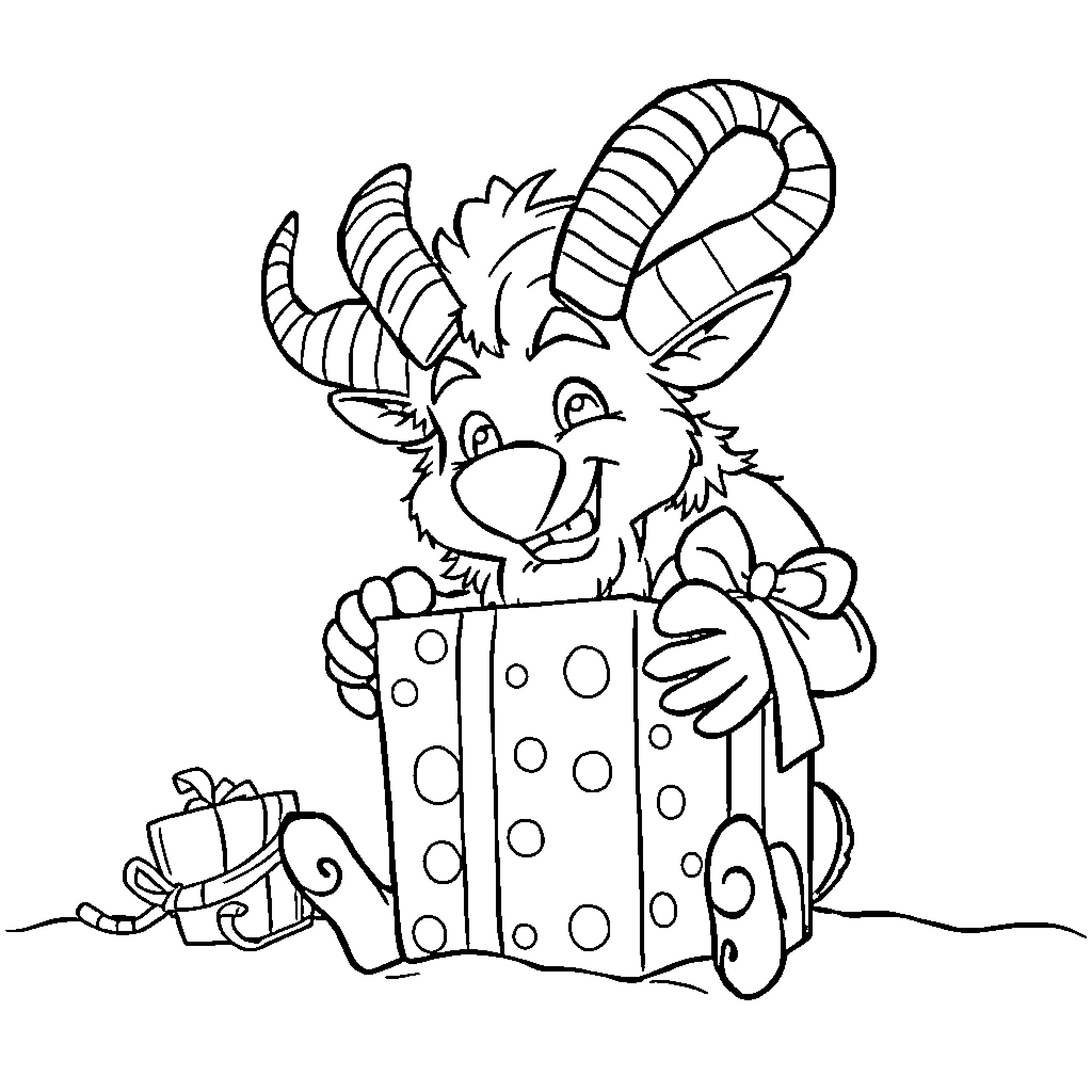 Krampus emerging from gift box with mischievous expression Coloring Page (free black-and-white line drawing printable PDF for all, from beginners to advanced learners, including children, teens, adults, and seniors)