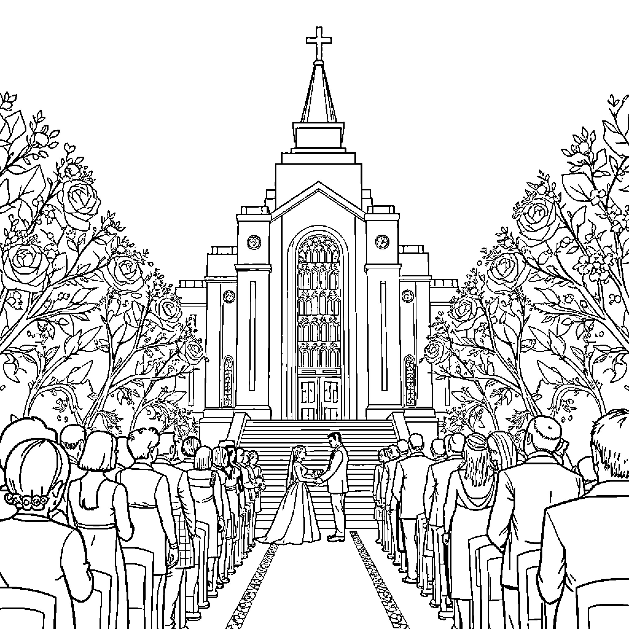 Wedding ceremony at an ornate church Coloring Page (free black-and-white line drawing printable PDF for all, from beginners to advanced learners, including children, teens, adults, and seniors)