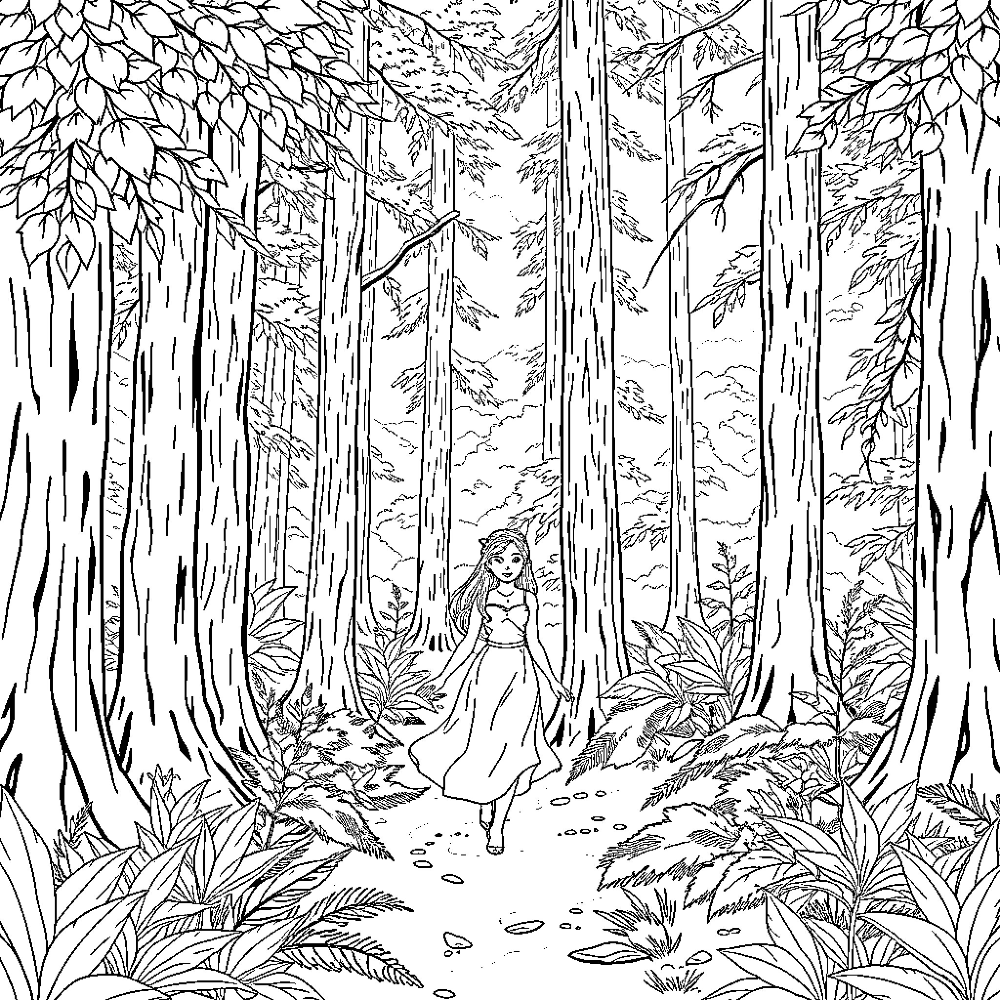Freya's Enchanted Forest Journey Coloring Page (free black-and-white line drawing printable PDF for all, from beginners to advanced learners, including children, teens, adults, and seniors)
