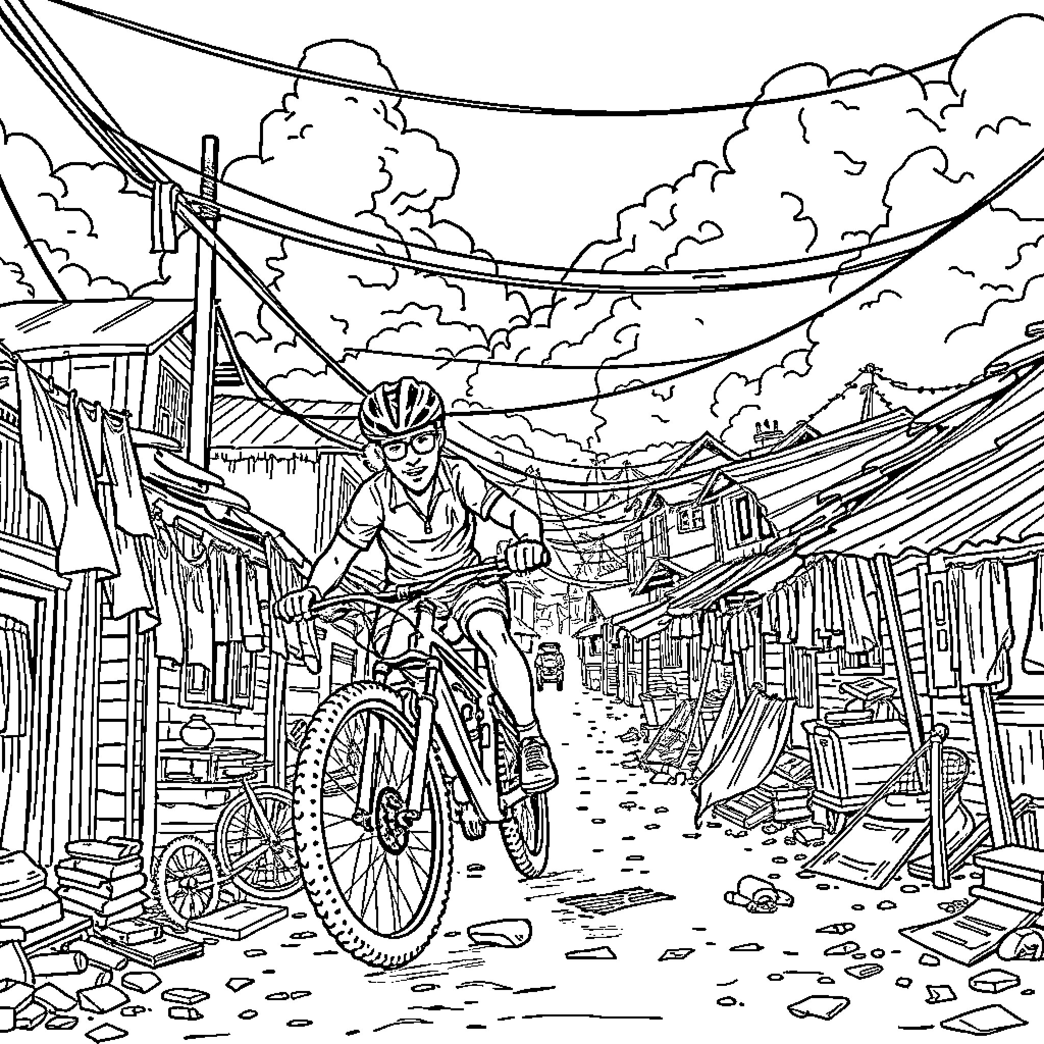 Mountain Biker Navigating Treacherous Terrain Coloring Page (free black-and-white line drawing printable PDF for all, from beginners to advanced learners, including children, teens, adults, and seniors)
