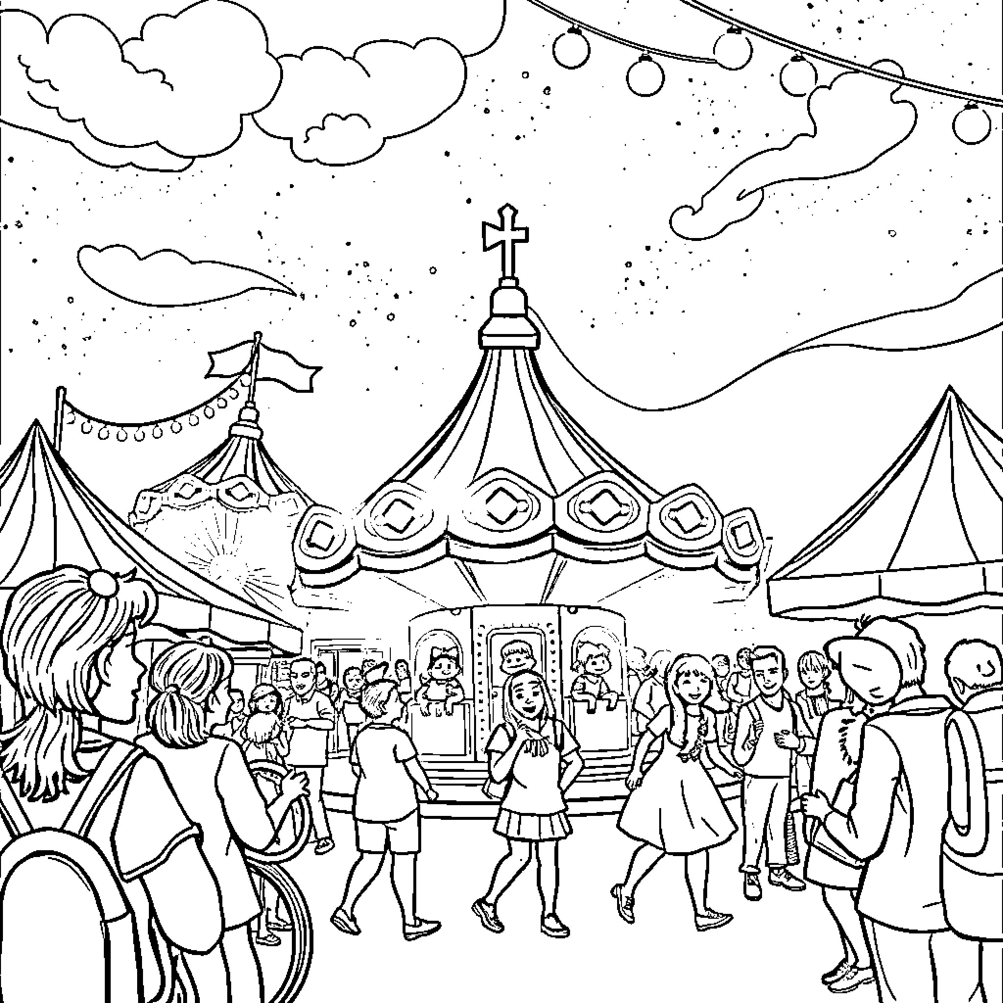 Funfair with Carnival Crowds and Colorful Tents Coloring Page (free black-and-white line drawing printable PDF for all, from beginners to advanced learners, including children, teens, adults, and seniors)