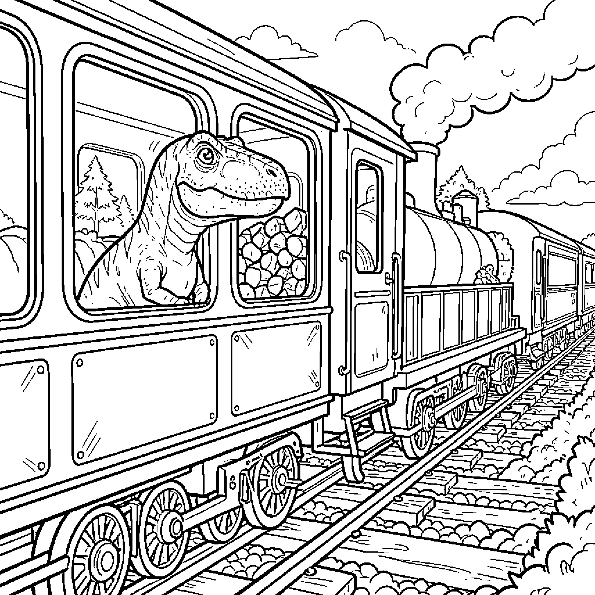 Dinosaur looking out of a train window Coloring Page (free black-and-white line drawing printable PDF for all, from beginners to advanced learners, including children, teens, adults, and seniors)