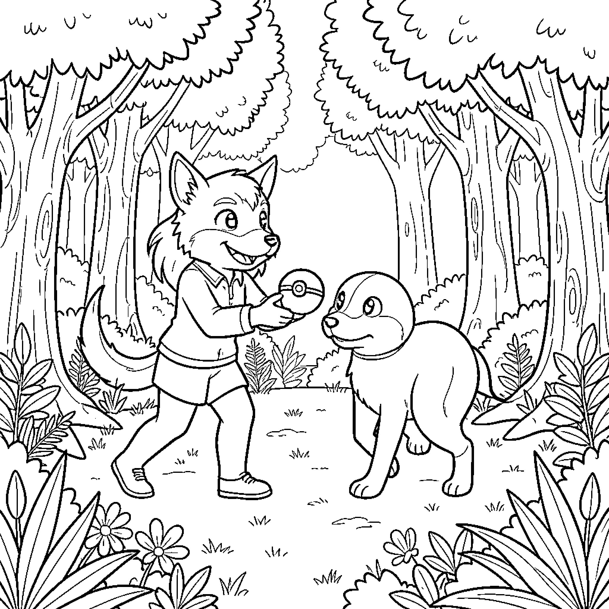 Sasha interacting with a small dog in the woods Coloring Page (free black-and-white line drawing printable PDF for all, from beginners to advanced learners, including children, teens, adults, and seniors)