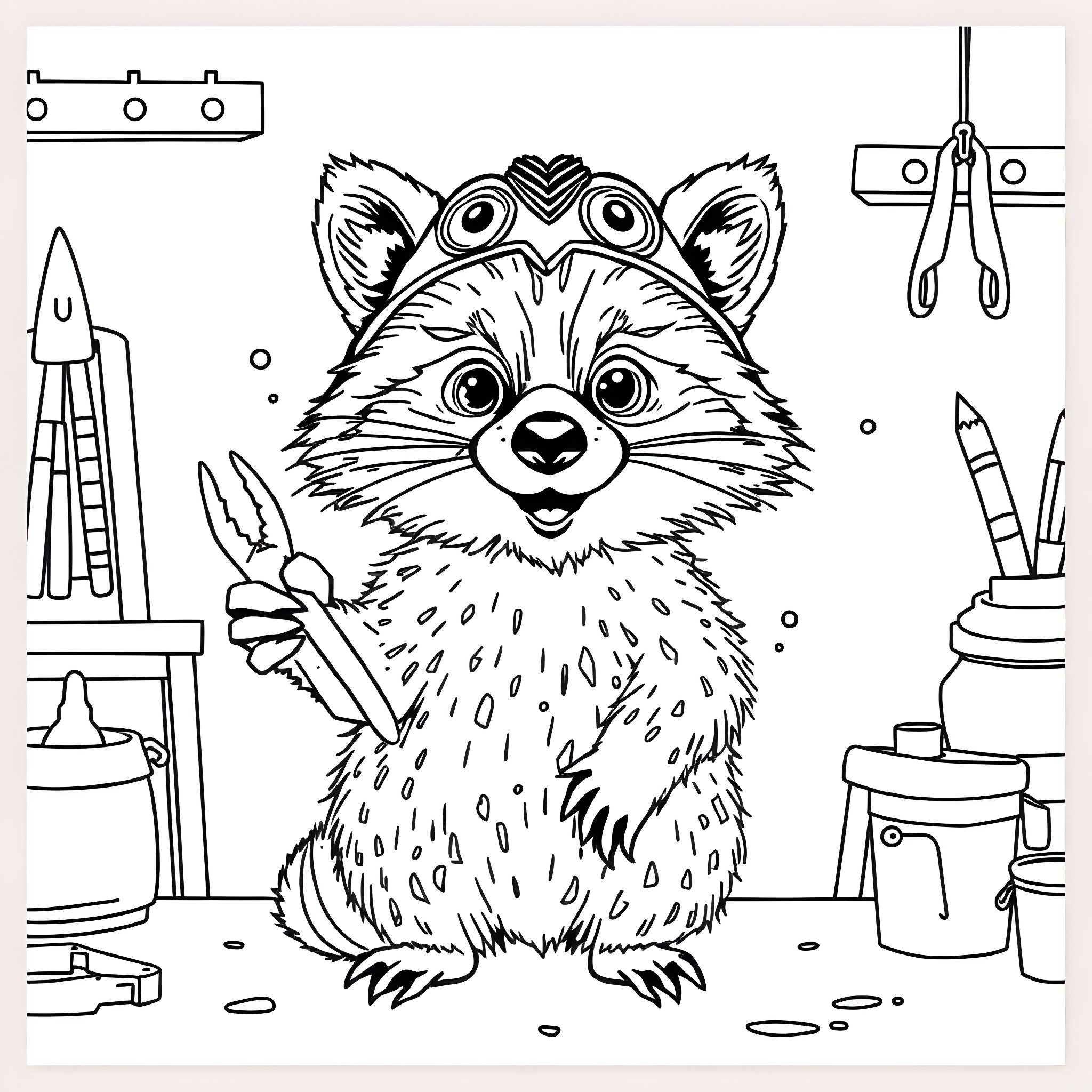 Raccoon holding tools in a workshop Coloring Page (free black-and-white line drawing printable PDF for all, from beginners to advanced learners, including children, teens, adults, and seniors)