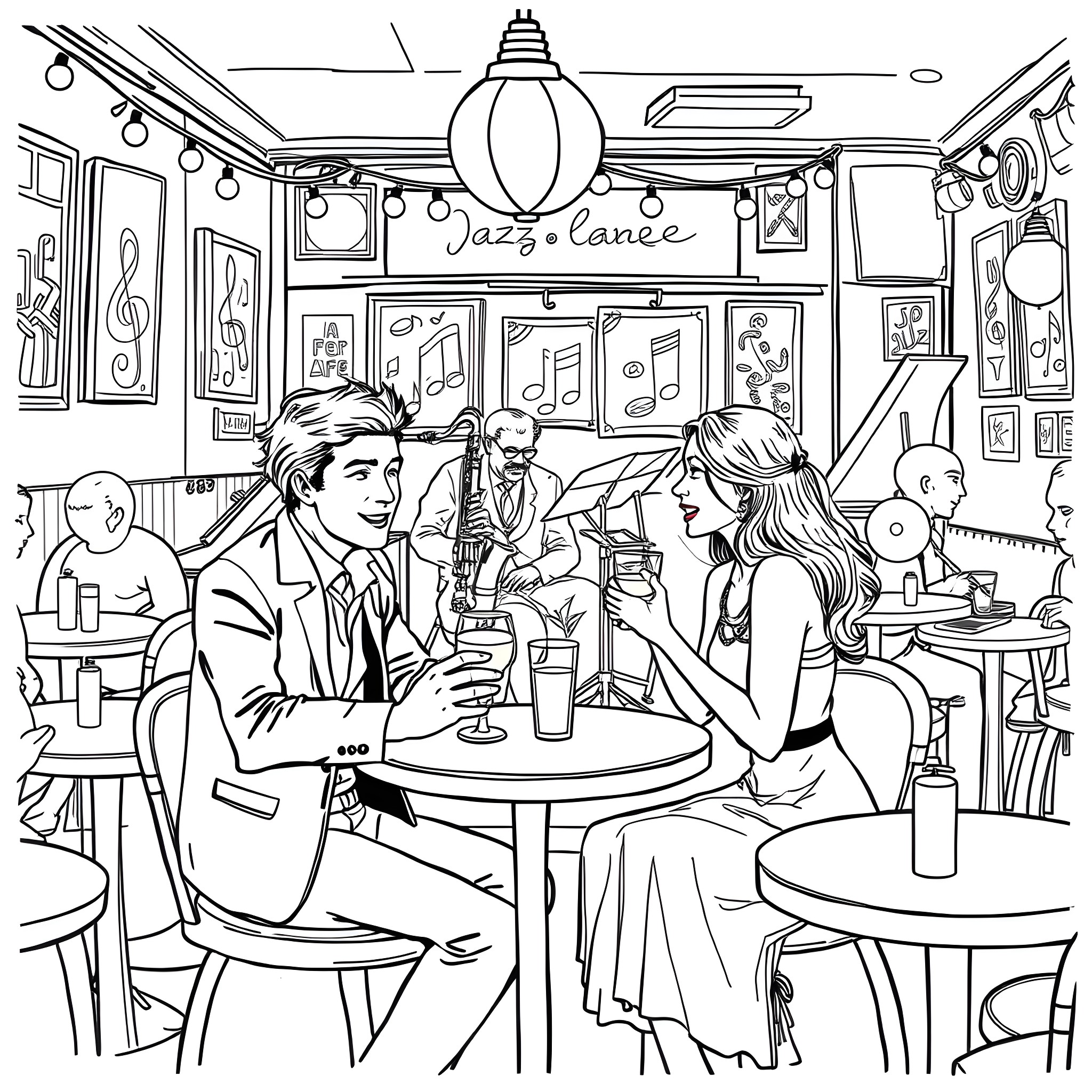 Jazz Café: Lively social gathering with musical ambiance Coloring Page (free black-and-white line drawing printable PDF for all, from beginners to advanced learners, including children, teens, adults, and seniors)