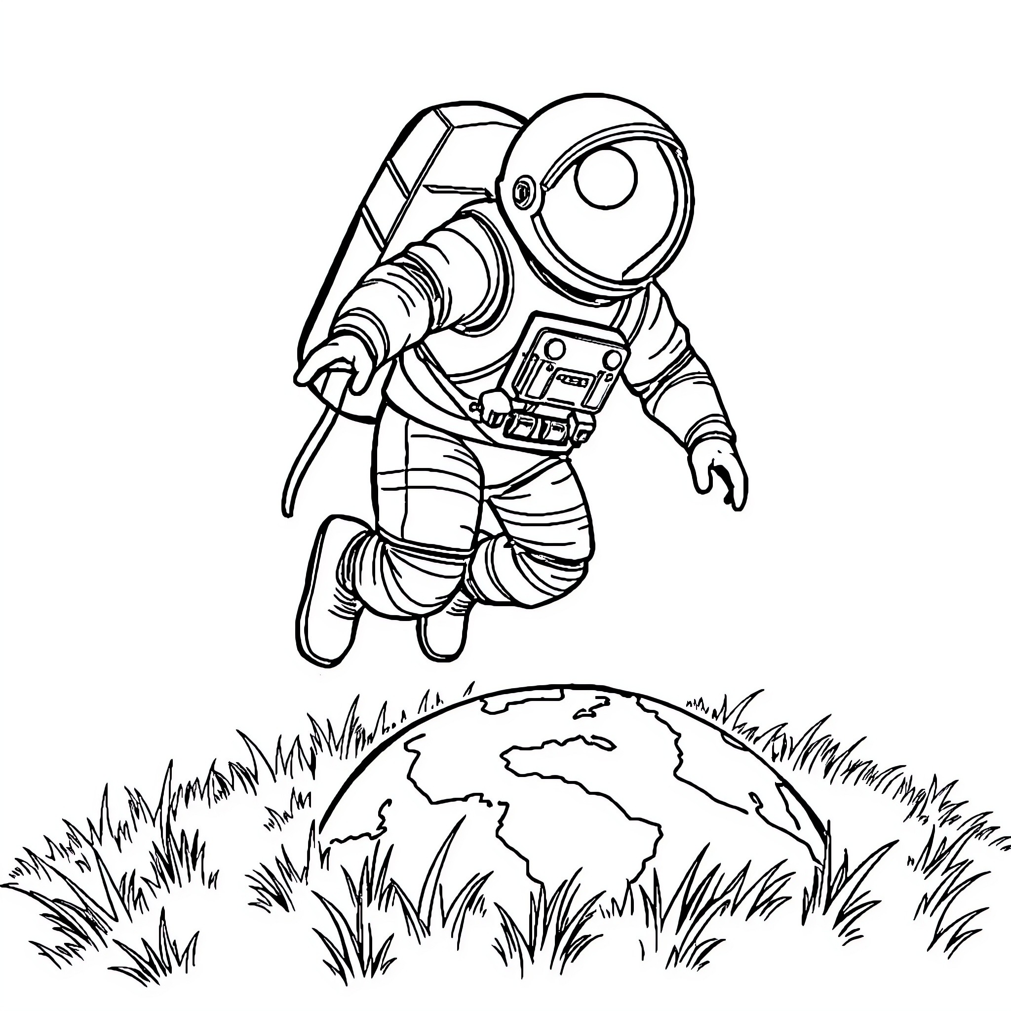 Astronaut exploring the extraterrestrial landscape Coloring Page (free black-and-white line drawing printable PDF for all, from beginners to advanced learners, including children, teens, adults, and seniors)