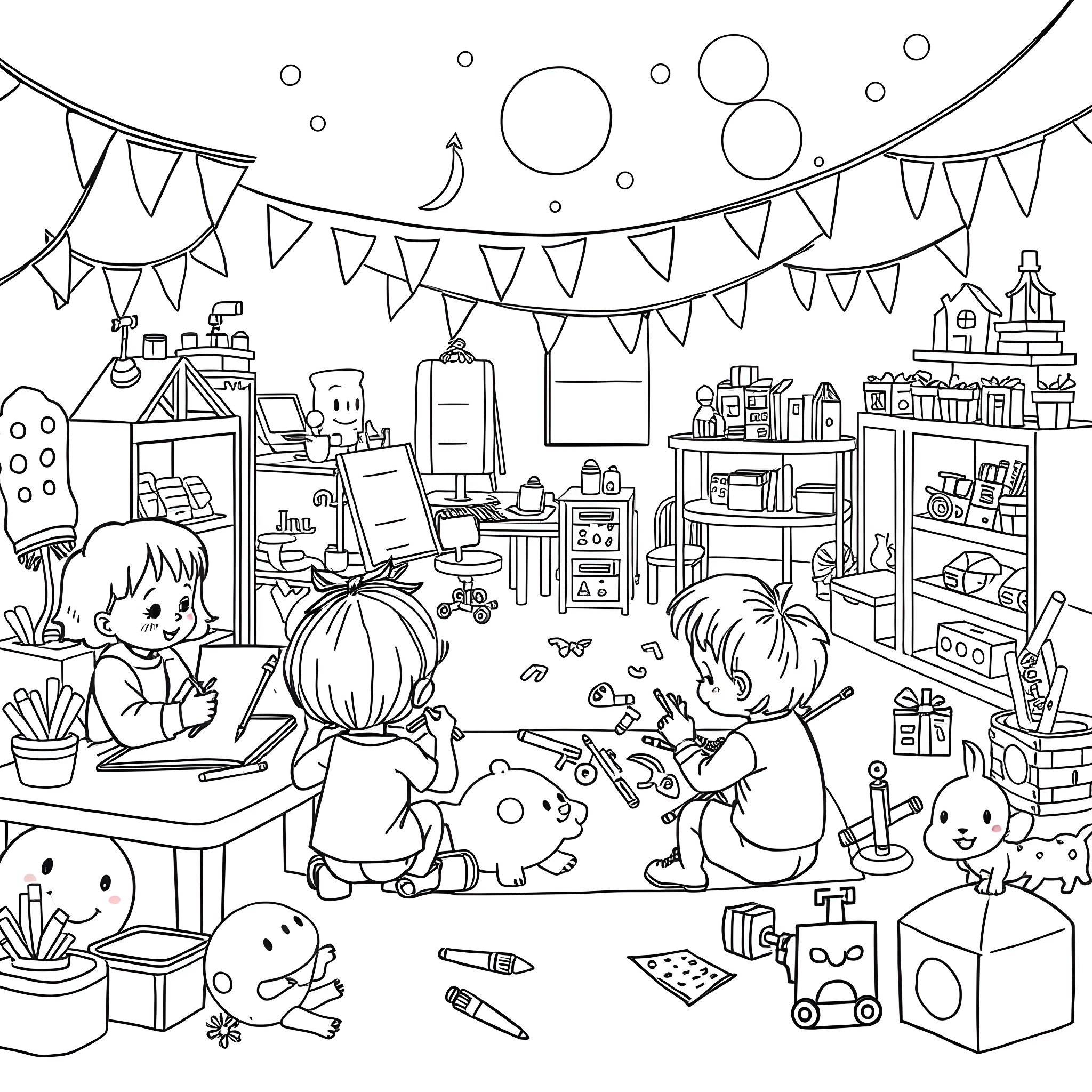 Kids Having Fun With Arts and Crafts at Home Coloring Page (free black-and-white line drawing printable PDF for all, from beginners to advanced learners, including children, teens, adults, and seniors)