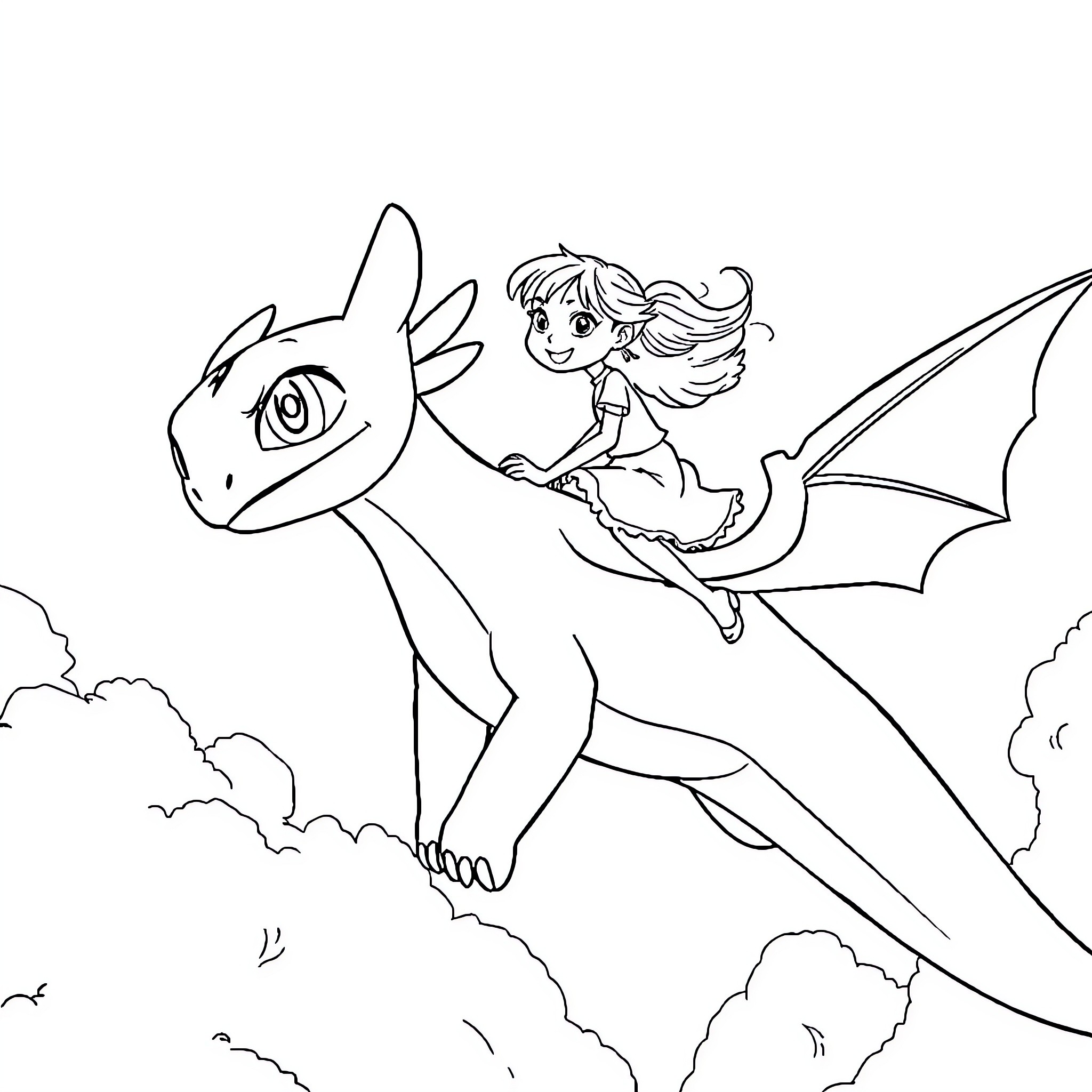 Girl riding a fantasy dragon in the sky Coloring Page (free black-and-white line drawing printable PDF for all, from beginners to advanced learners, including children, teens, adults, and seniors)