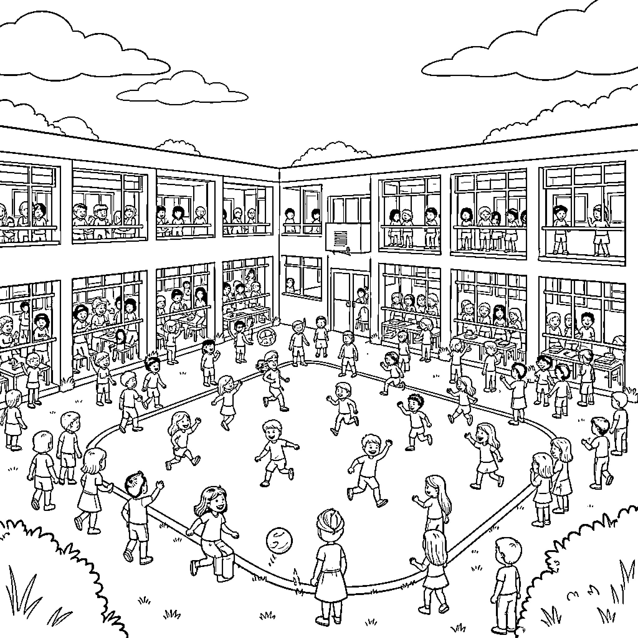 School Recess: Students Enjoying Outdoor Activities Coloring Page (free black-and-white line drawing printable PDF for all, from beginners to advanced learners, including children, teens, adults, and seniors)