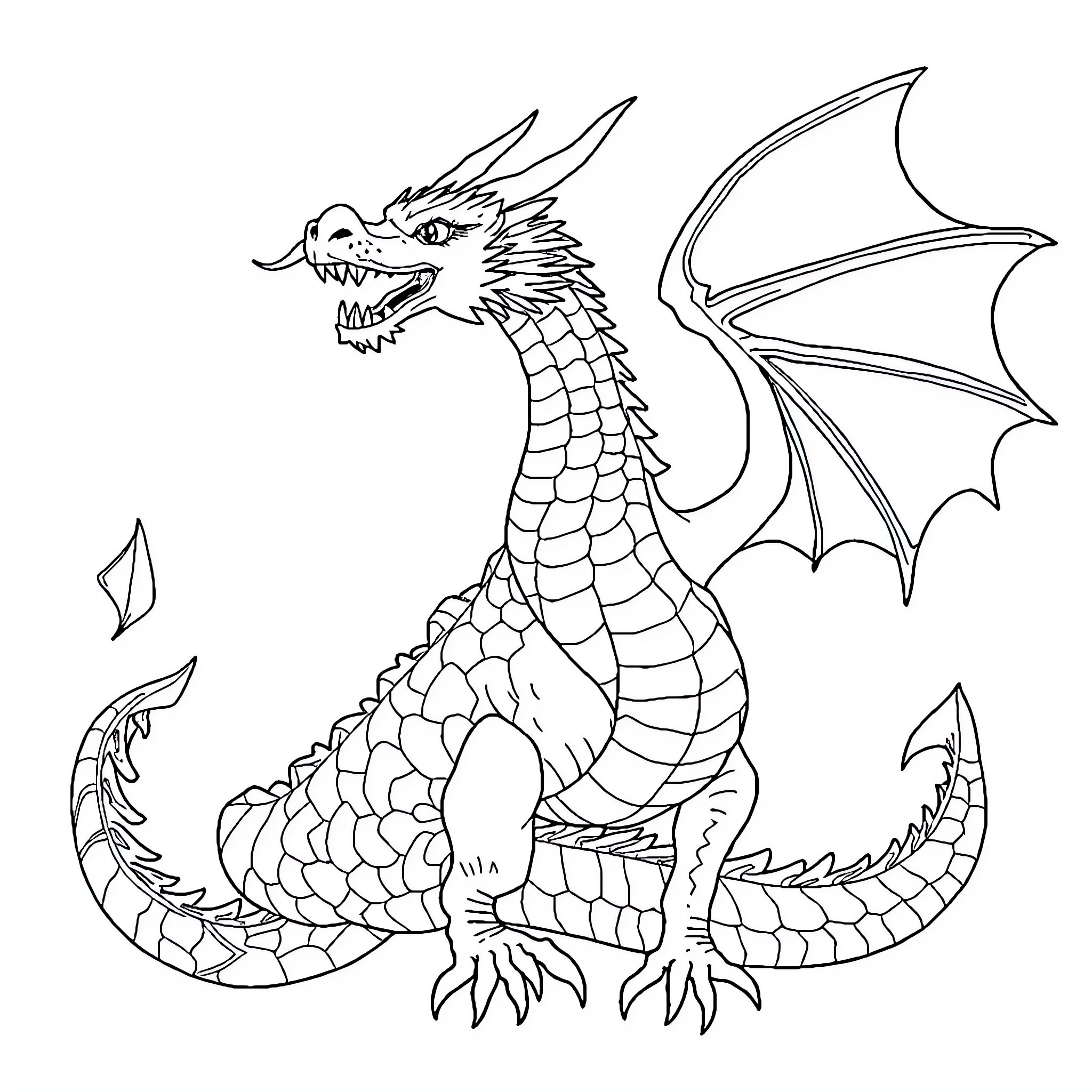 Dragon with Fierce Expression and Outstretched Wings Coloring Page (free black-and-white line drawing printable PDF for all, from beginners to advanced learners, including children, teens, adults, and seniors)