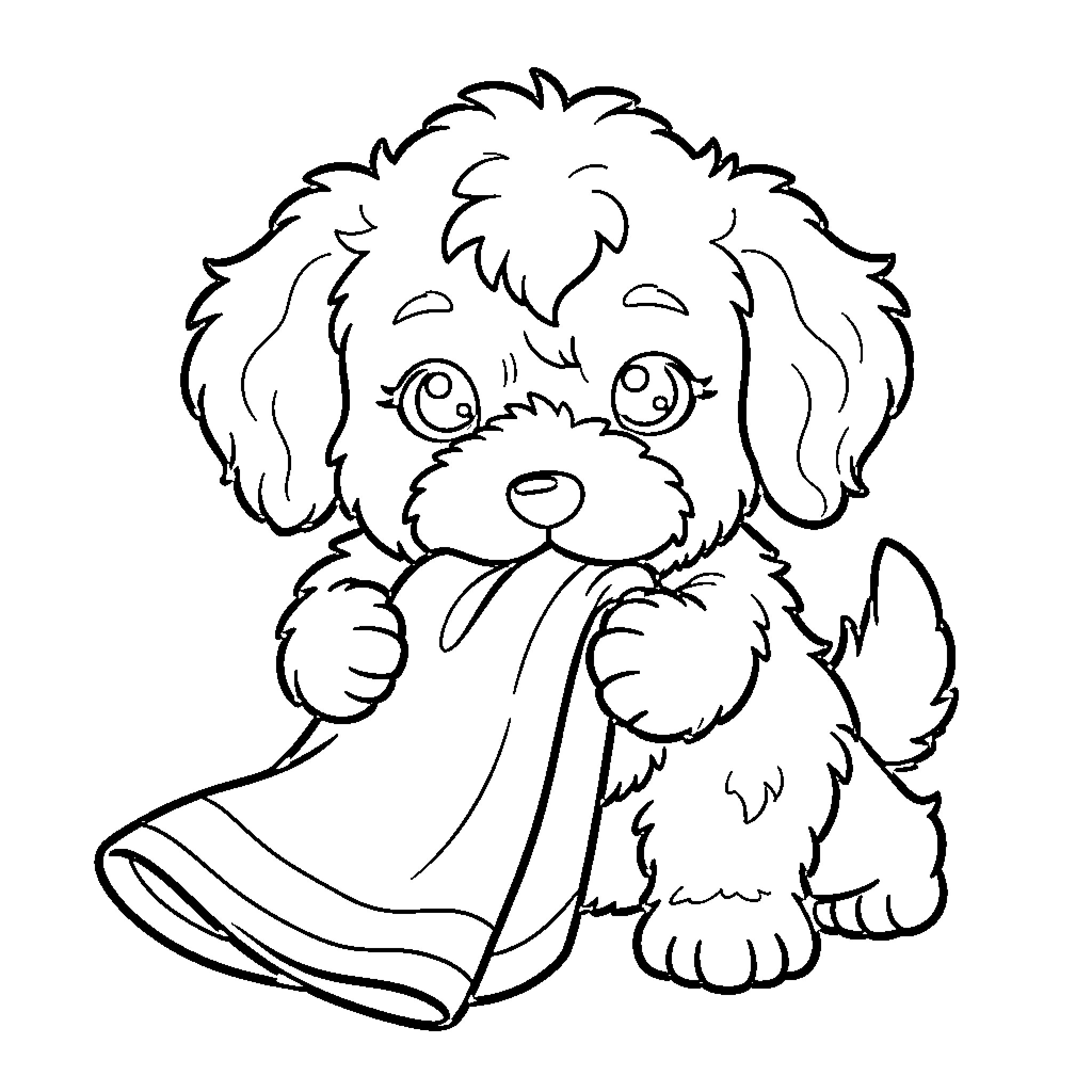 Cavapoo puppy playing with a cloth Coloring Page (free black-and-white line drawing printable PDF for all, from beginners to advanced learners, including children, teens, adults, and seniors)