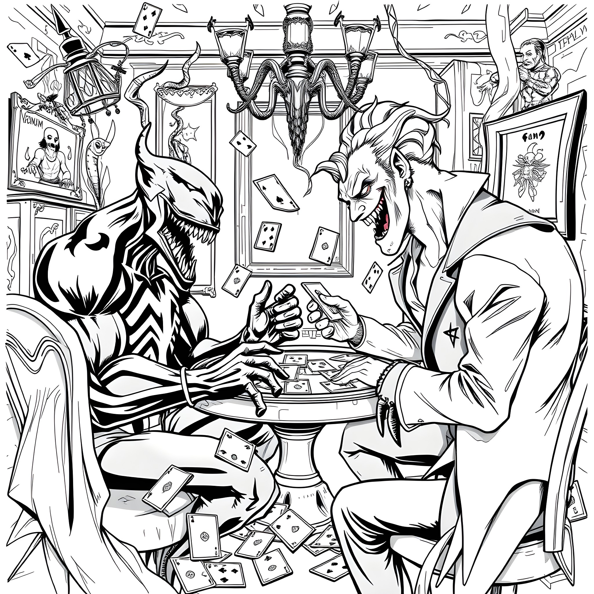 Venom's Chaotic Game Night with the Joker Coloring Page (free black-and-white line drawing printable PDF for all, from beginners to advanced learners, including children, teens, adults, and seniors)