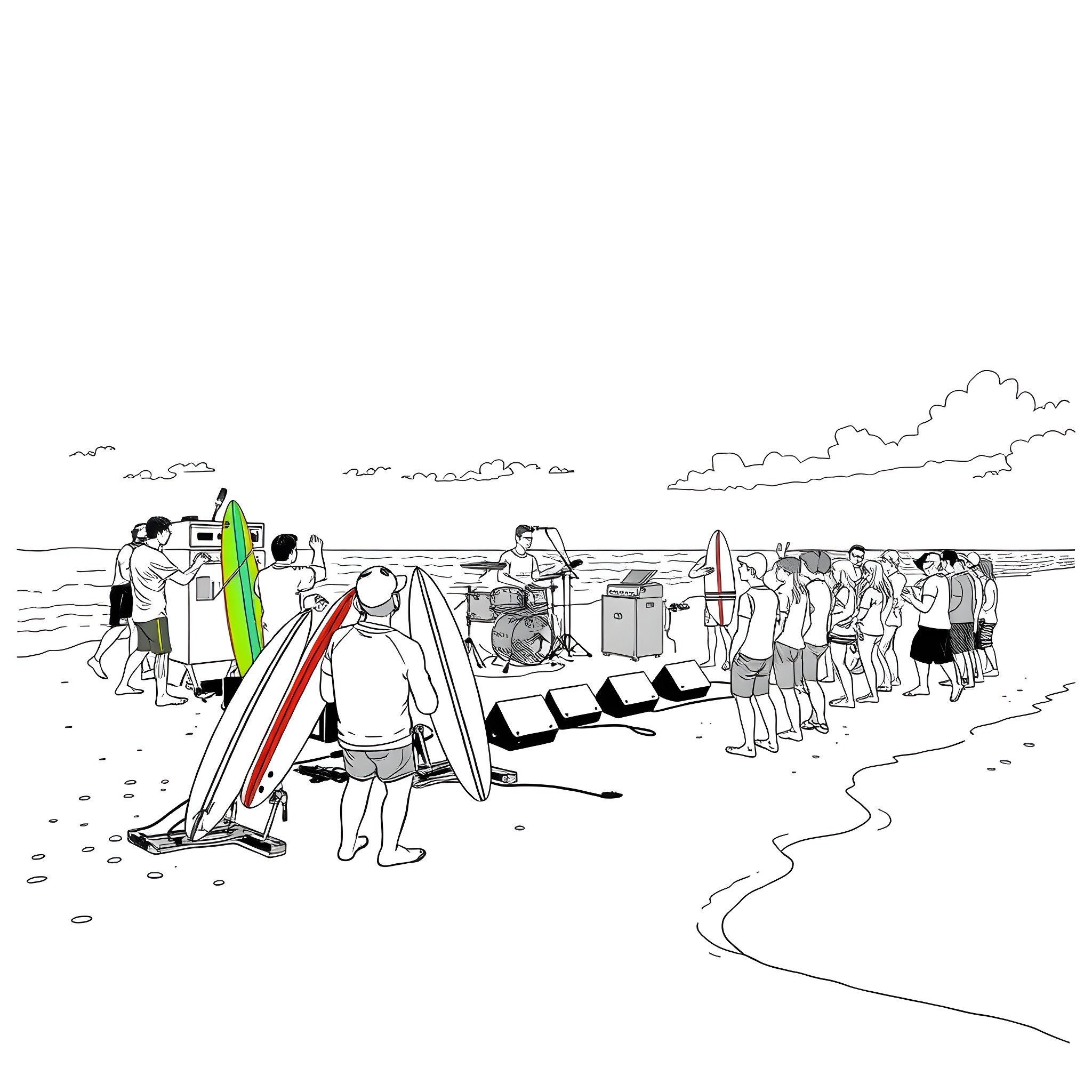 Blink 182 - Surfers and beachgoers on the shore Coloring Page (free black-and-white line drawing printable PDF for all, from beginners to advanced learners, including children, teens, adults, and seniors)