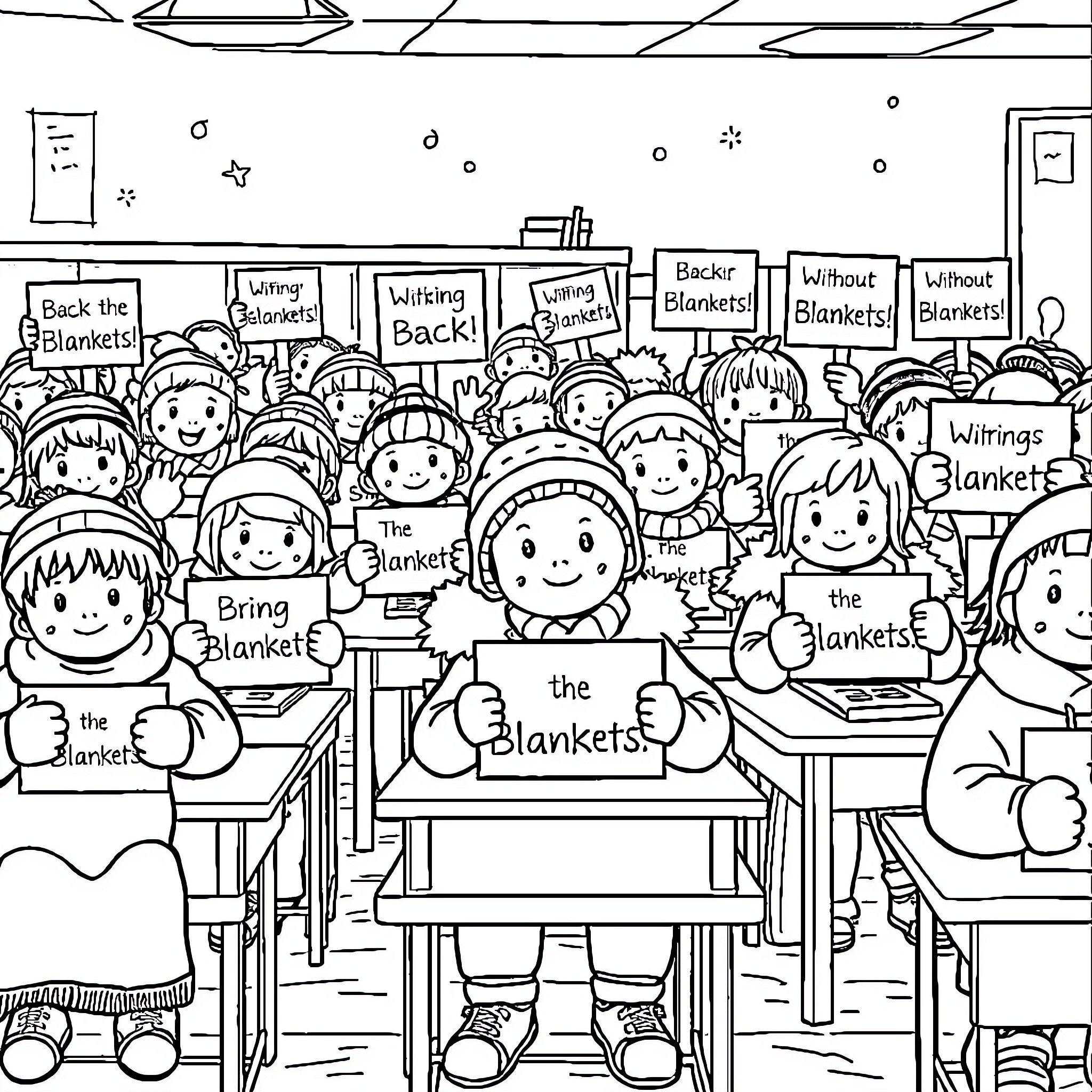 Kid students in a classroom holding blankets Coloring Page (free black-and-white line drawing printable PDF for all, from beginners to advanced learners, including children, teens, adults, and seniors)