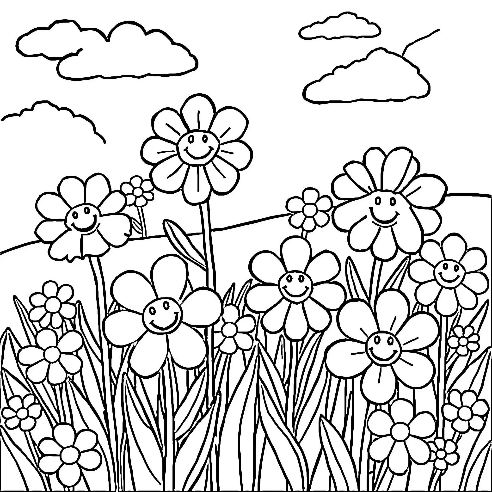 Flower garden with happy smiling flowers Coloring Page (free black-and-white line drawing printable PDF for all, from beginners to advanced learners, including children, teens, adults, and seniors)