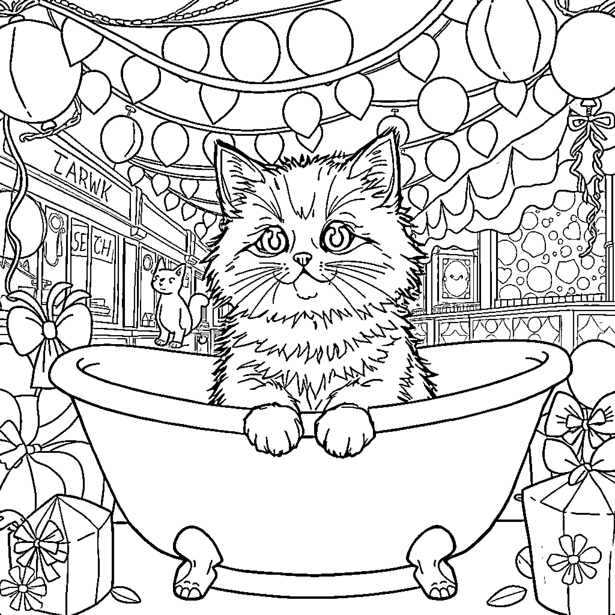 Cat enjoying a bubbly bath amid festive decor Coloring Page (free black-and-white line drawing printable PDF for all, from beginners to advanced learners, including children, teens, adults, and seniors)