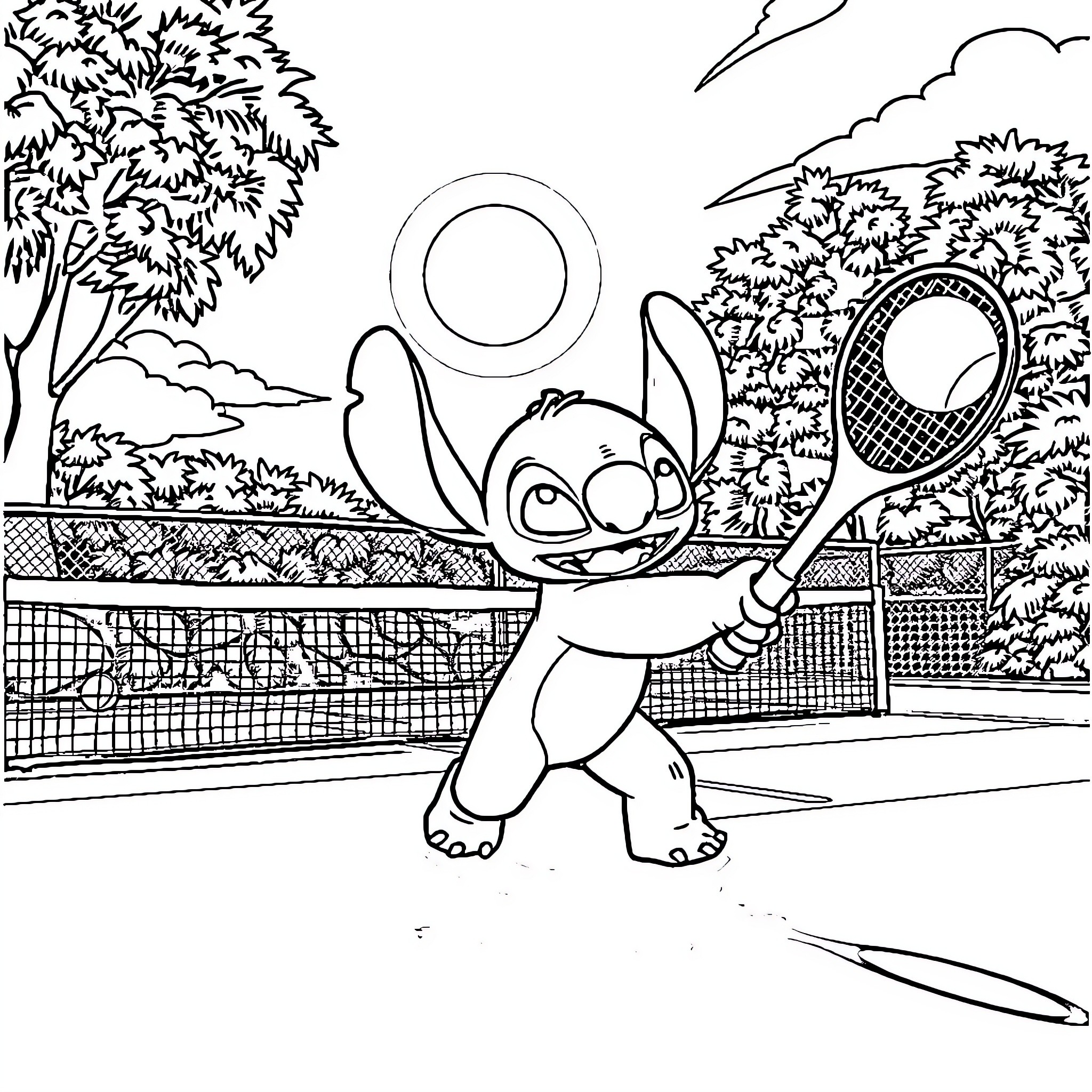 Stitch playing tennis on the court Coloring Page (free black-and-white line drawing printable PDF for all, from beginners to advanced learners, including children, teens, adults, and seniors)