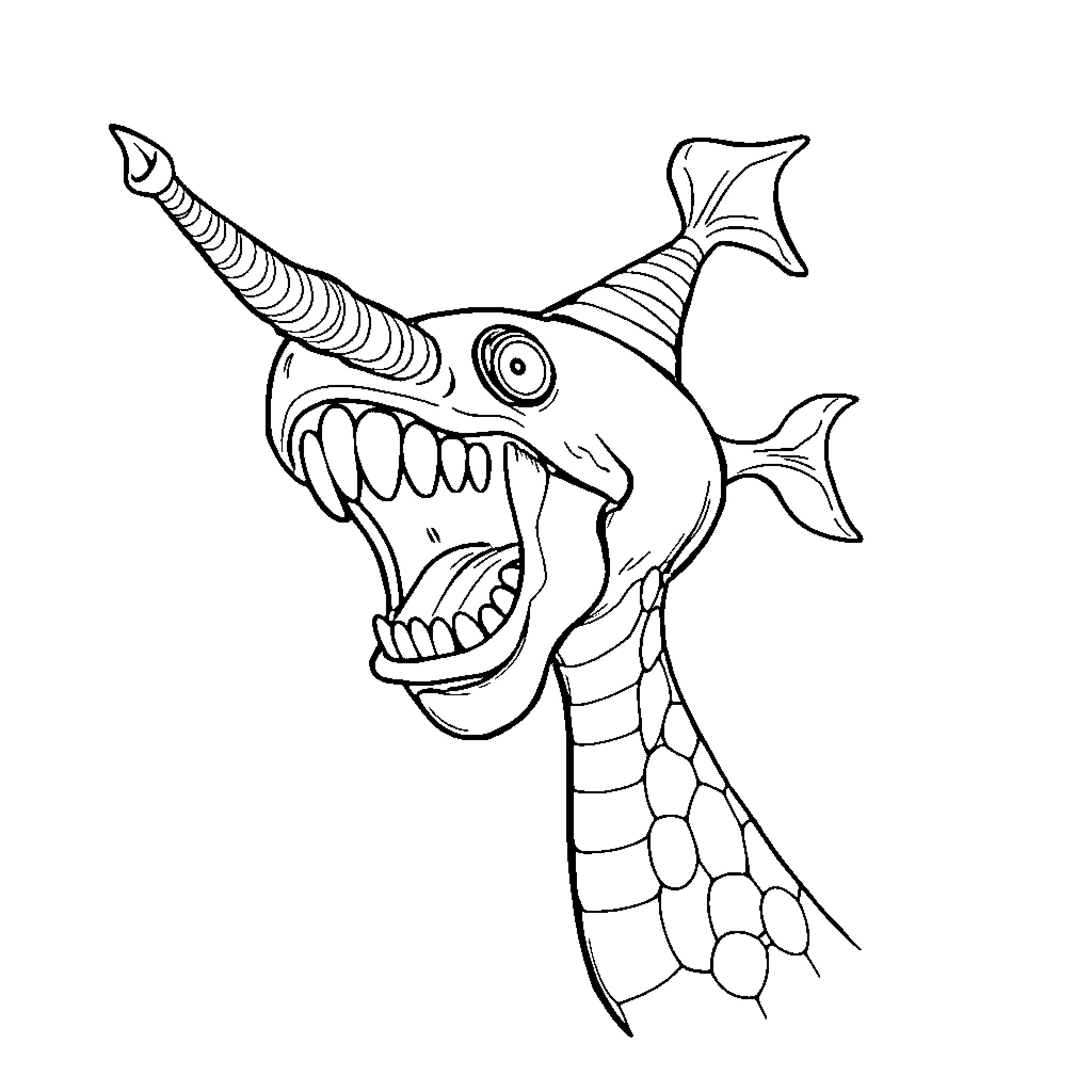Siren Head with monstrous teeth and fins Coloring Page (free black-and-white line drawing printable PDF for all, from beginners to advanced learners, including children, teens, adults, and seniors)