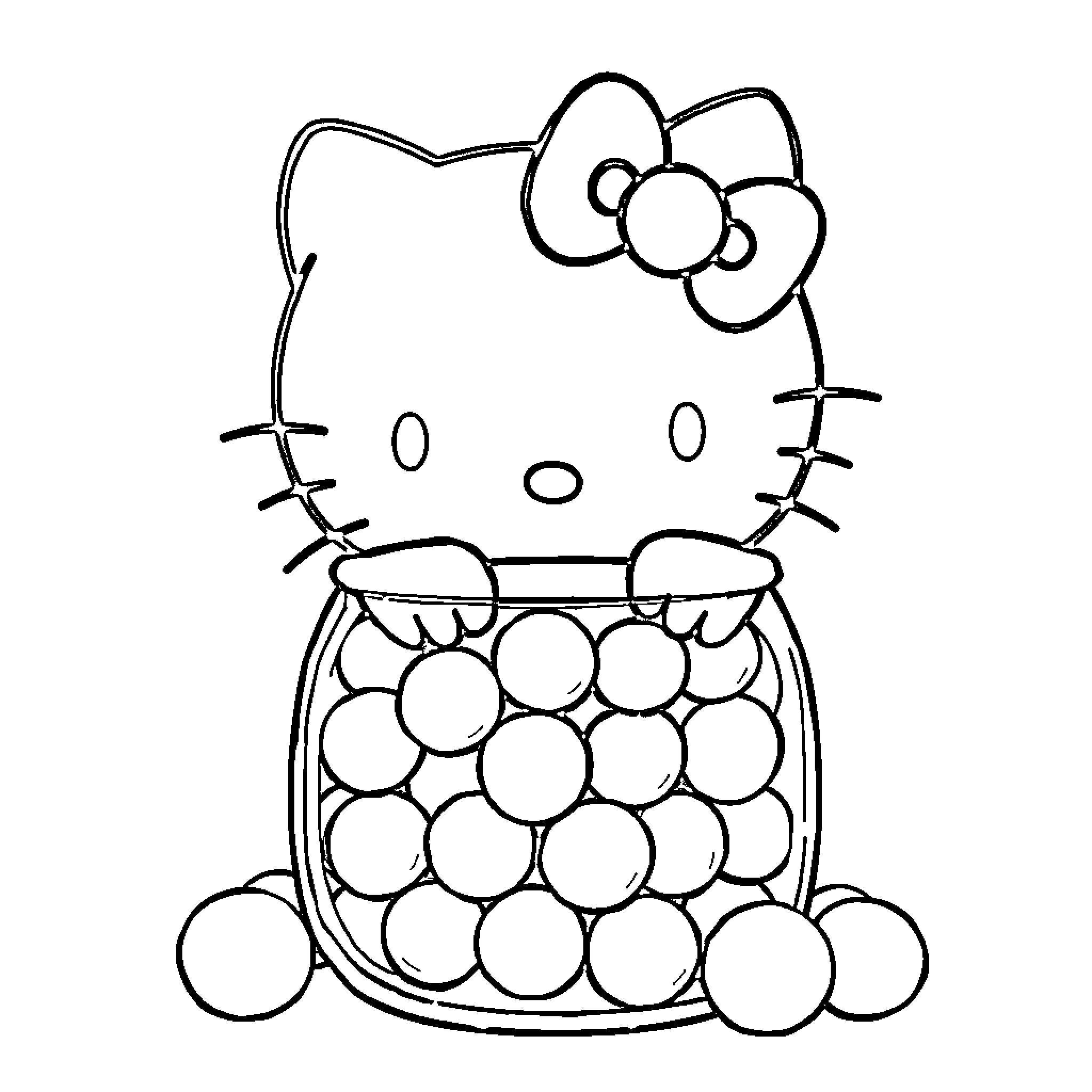 Hello Kitty playing with bouncy balls Coloring Page (free black-and-white line drawing printable PDF for all, from beginners to advanced learners, including children, teens, adults, and seniors)