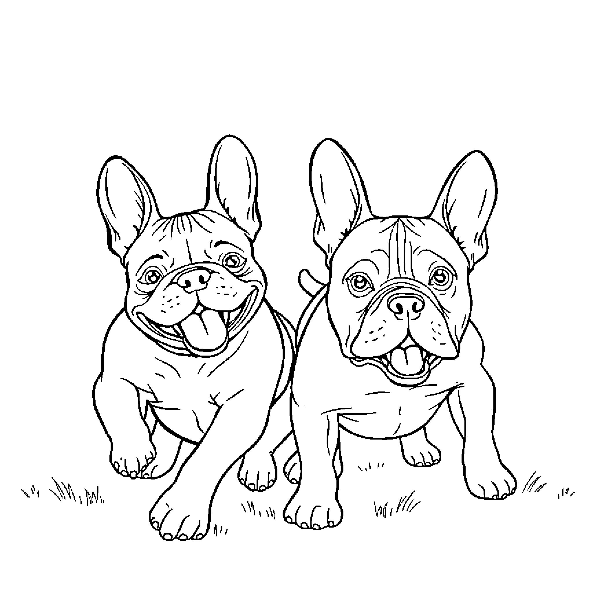 Bulldog companions sharing a happy moment Coloring Page (free black-and-white line drawing printable PDF for all, from beginners to advanced learners, including children, teens, adults, and seniors)