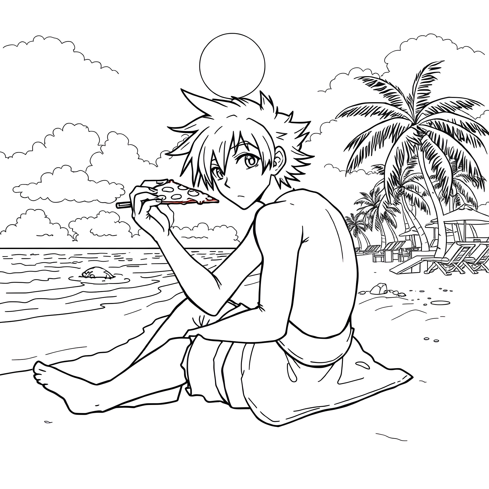 Serge relaxing on the beach with ocean scenery Coloring Page (free black-and-white line drawing printable PDF for all, from beginners to advanced learners, including children, teens, adults, and seniors)