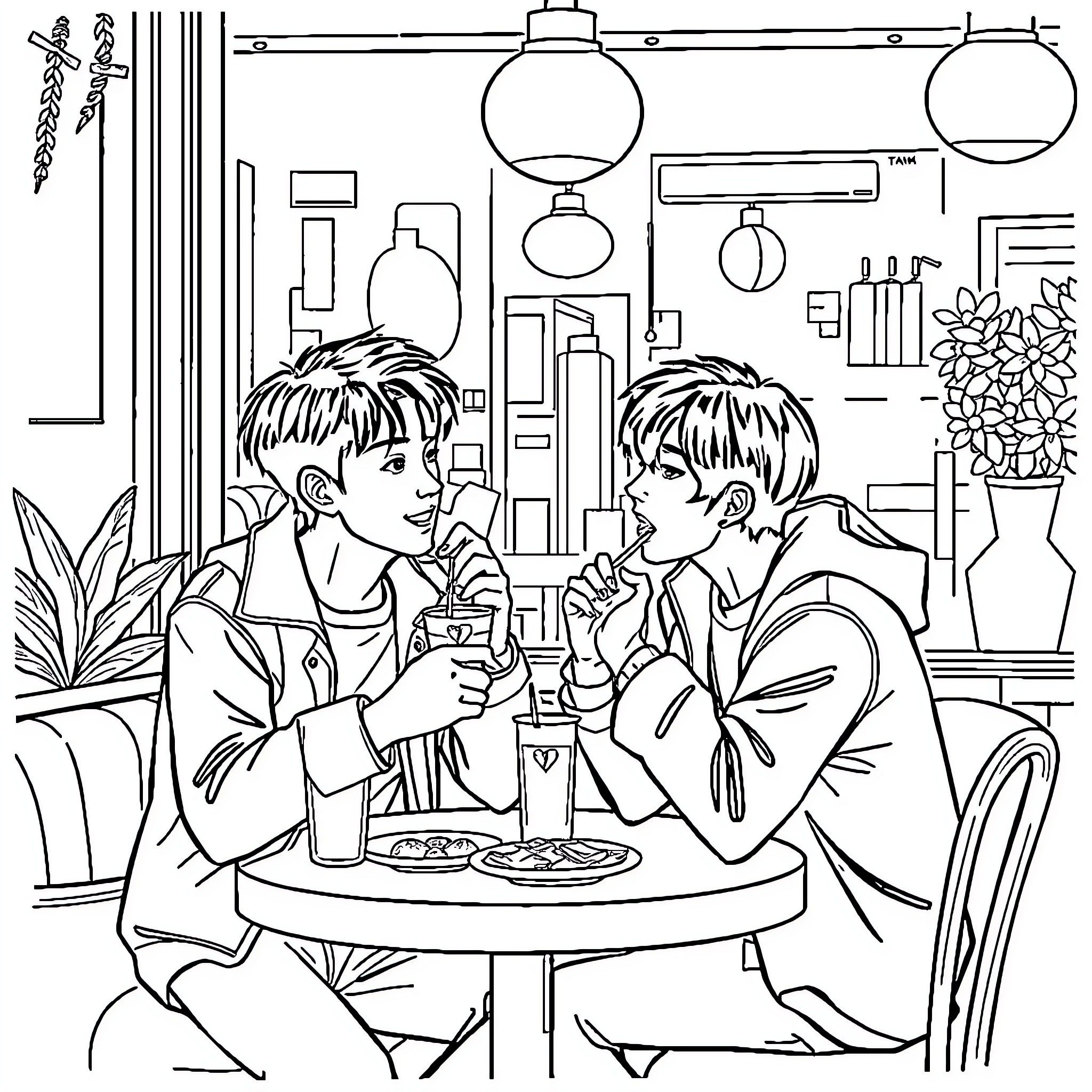 Kim Mingyu enjoying a casual conversation with a friend Coloring Page (free black-and-white line drawing printable PDF for all, from beginners to advanced learners, including children, teens, adults, and seniors)