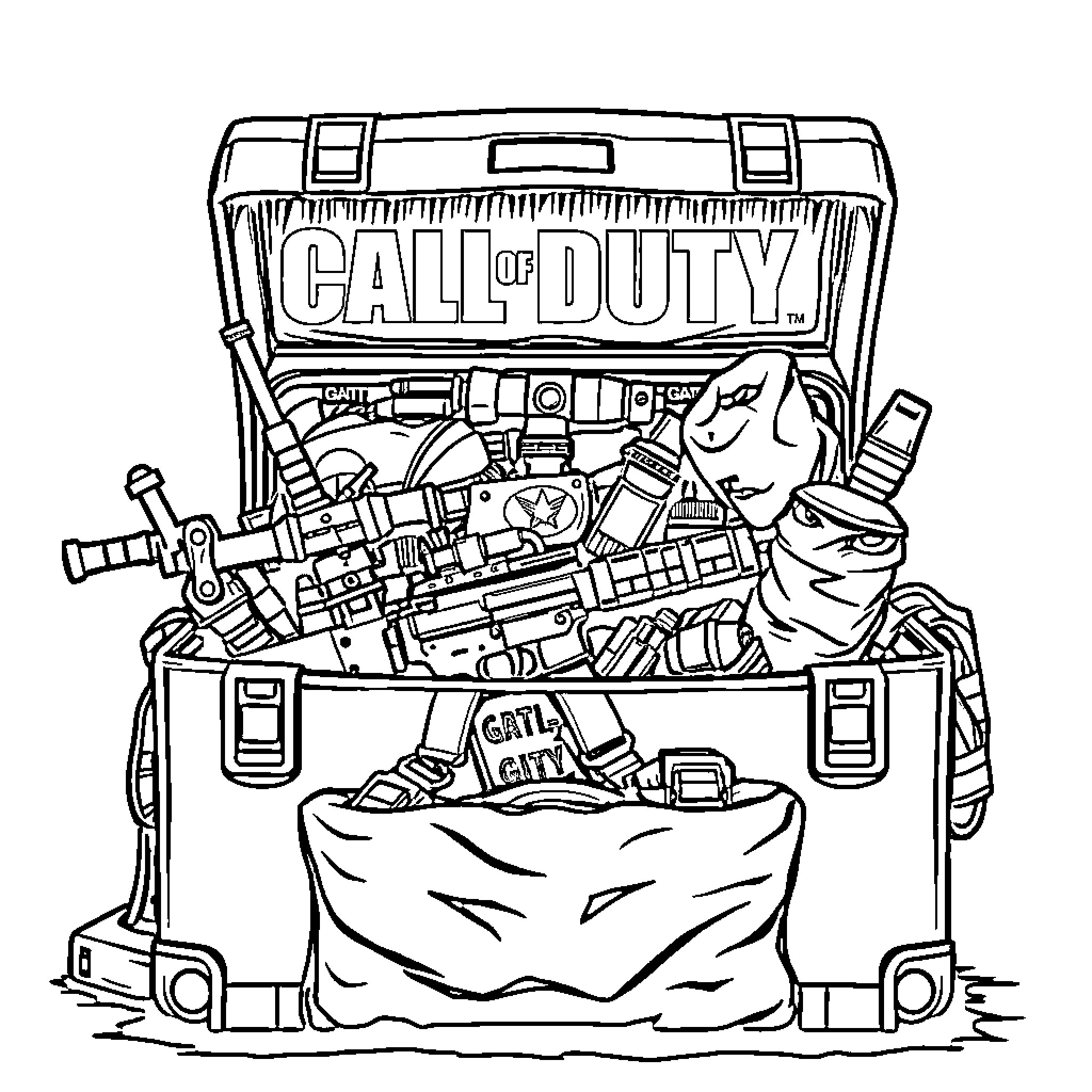 Load Out Box for Call of Duty Gear Coloring Page (free black-and-white line drawing printable PDF for all, from beginners to advanced learners, including children, teens, adults, and seniors)
