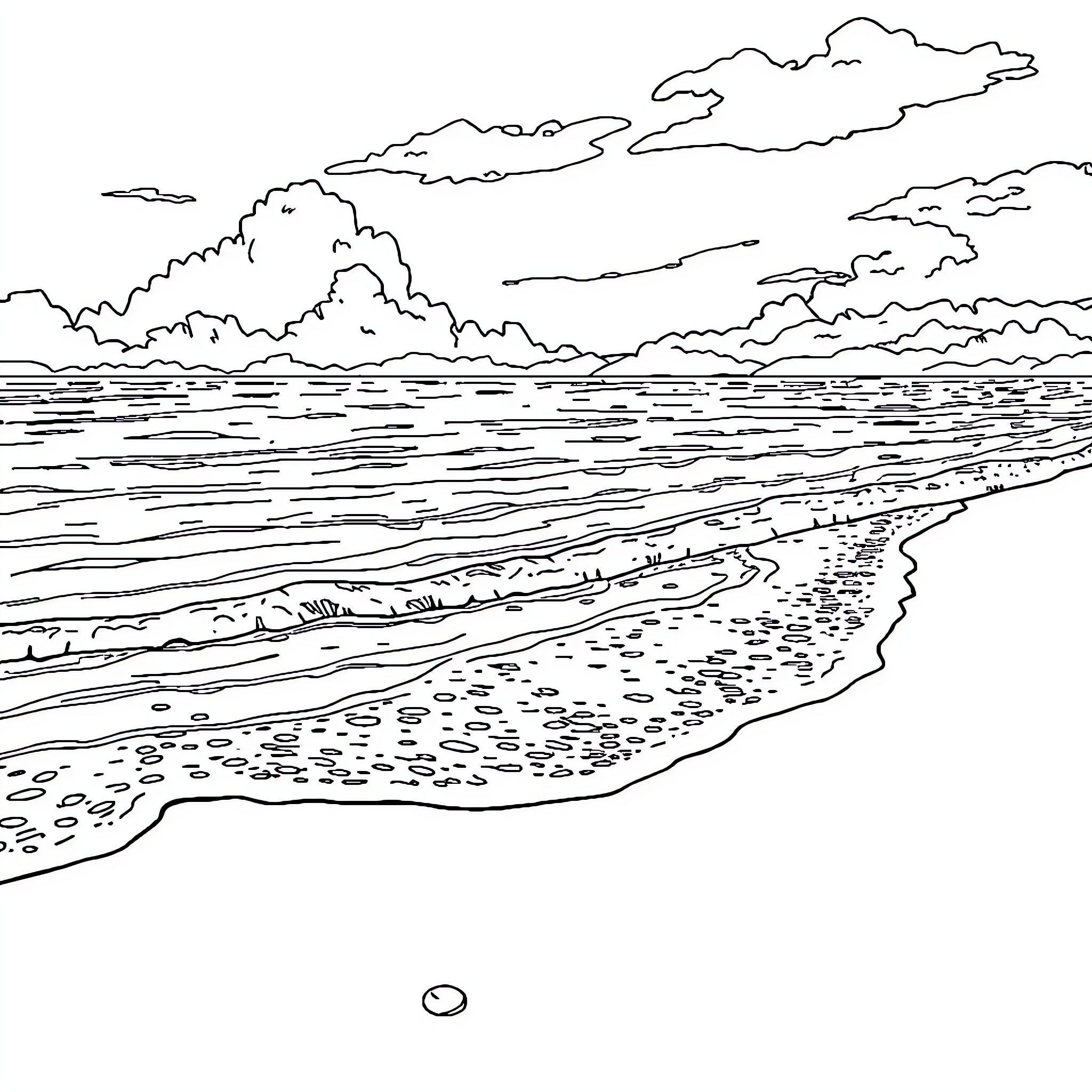 Nature's Serene Shoreline Coloring Page (free black-and-white line drawing printable PDF for all, from beginners to advanced learners, including children, teens, adults, and seniors)