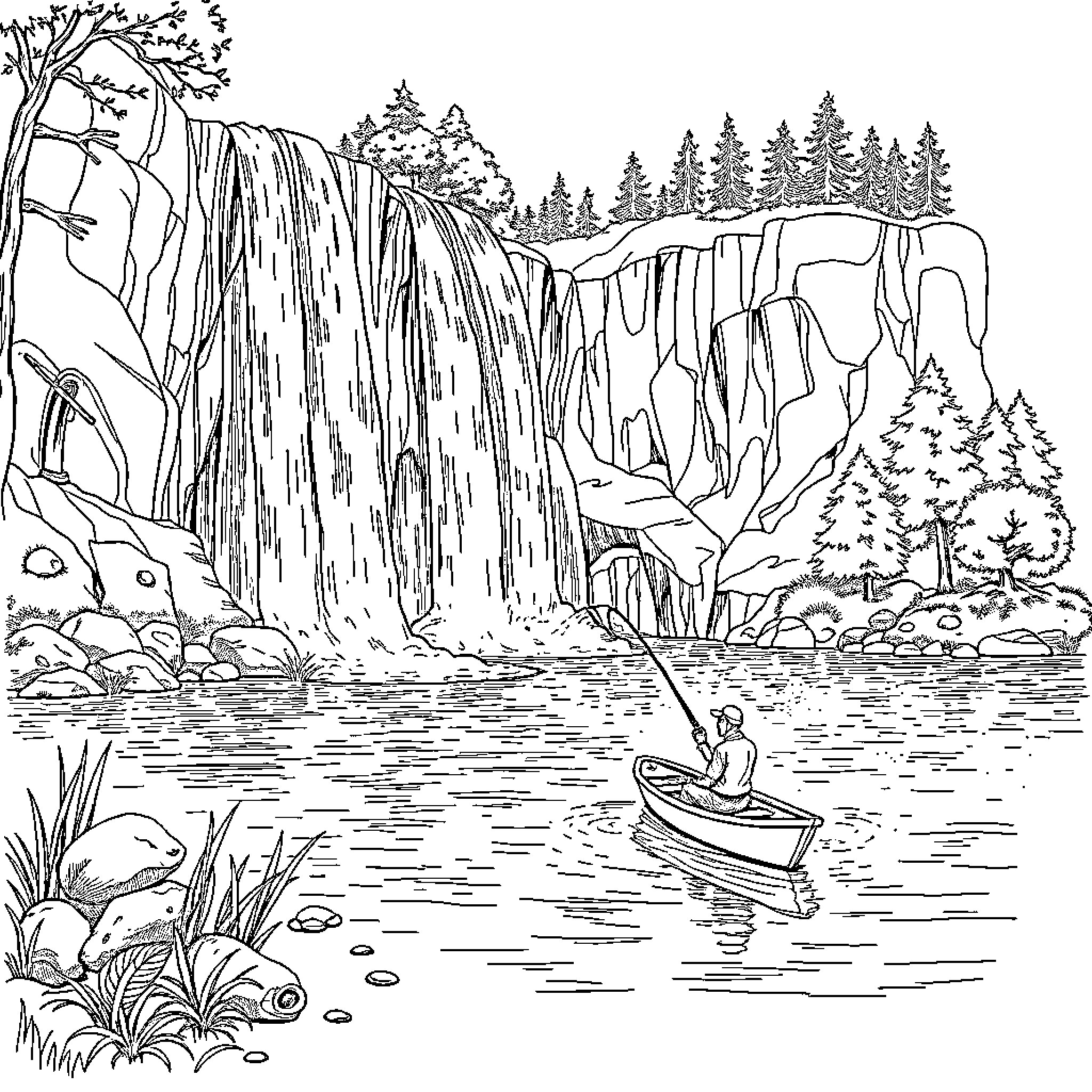 Fisherman calmly rowing boat near scenic waterfall Coloring Page (free black-and-white line drawing printable PDF for all, from beginners to advanced learners, including children, teens, adults, and seniors)